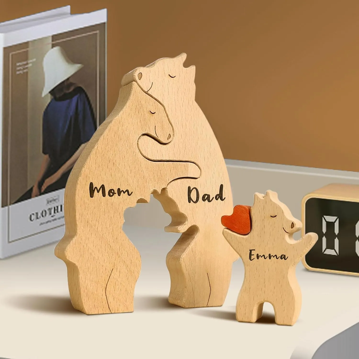 Personalized Wooden Bear Family Puzzle with 6 Names,Custom Ideal Gifts for Mother's Day, Father's Day from Daughter Son,Custom House Decor Gifts,Family Name Jigsaw with Heart Loving
