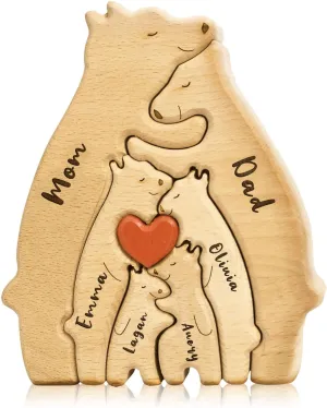 Personalized Wooden Bear Family Puzzle with 6 Names,Custom Ideal Gifts for Mother's Day, Father's Day from Daughter Son,Custom House Decor Gifts,Family Name Jigsaw with Heart Loving