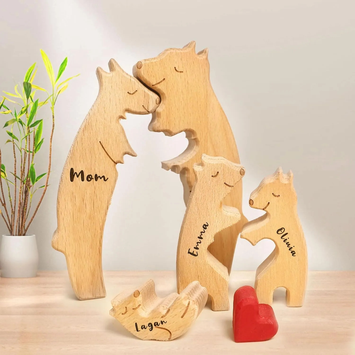 Personalized Wooden Bear Family Puzzle with 6 Names,Custom Ideal Gifts for Mother's Day, Father's Day from Daughter Son,Custom House Decor Gifts,Family Name Jigsaw with Heart Loving
