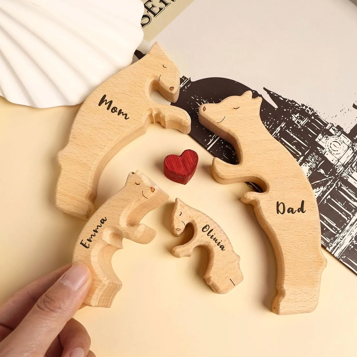 Personalized Wooden Bear Family Puzzle with 6 Names,Custom Ideal Gifts for Mother's Day, Father's Day from Daughter Son,Custom House Decor Gifts,Family Name Jigsaw with Heart Loving