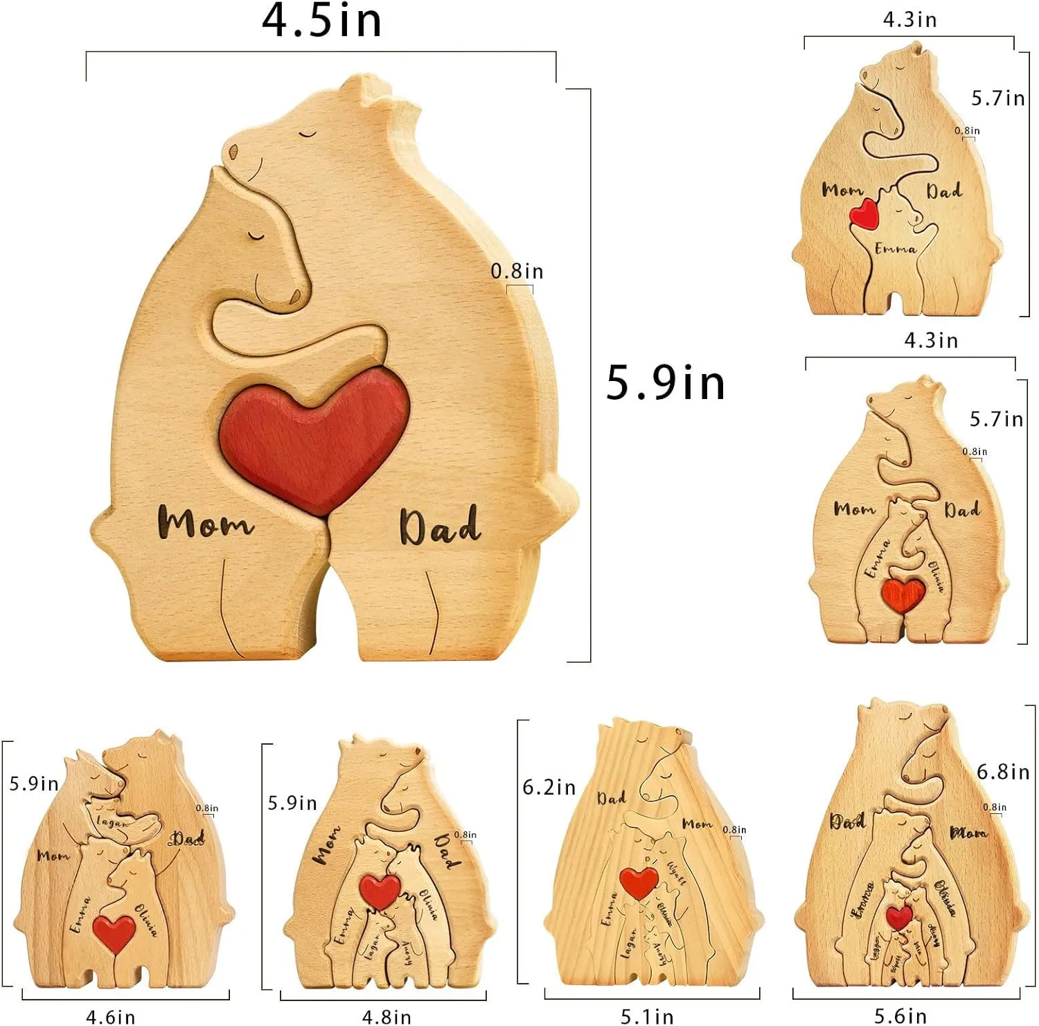 Personalized Wooden Bear Family Puzzle with 6 Names,Custom Ideal Gifts for Mother's Day, Father's Day from Daughter Son,Custom House Decor Gifts,Family Name Jigsaw with Heart Loving