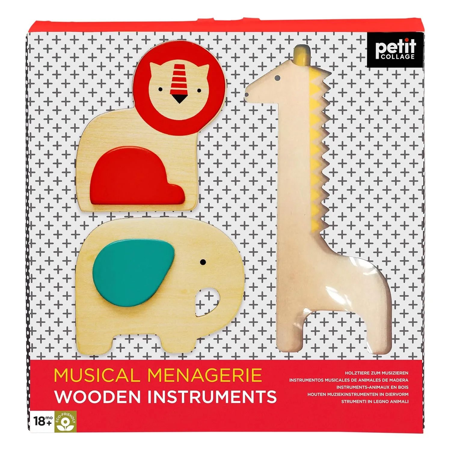 Petit Collage Musical Menagerie Wooden Musical Instruments for Kids – Includes 3 Percussive Instruments with Animal Shapes – Thoughtfully Designed Music Toys for Toddlers Ages 24  Months