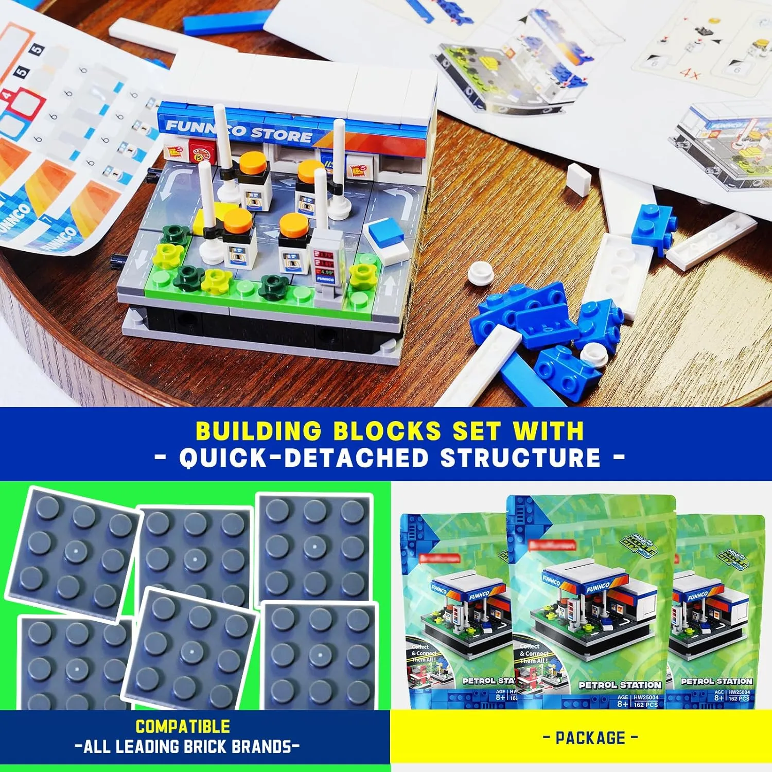 Petrol Station Building Blocks Set with Quick-Detached Structure, Mini City Landmark Display Model for Home Decor, Gas Station Building Construction Toy for Adults and Kids - 162 PCS