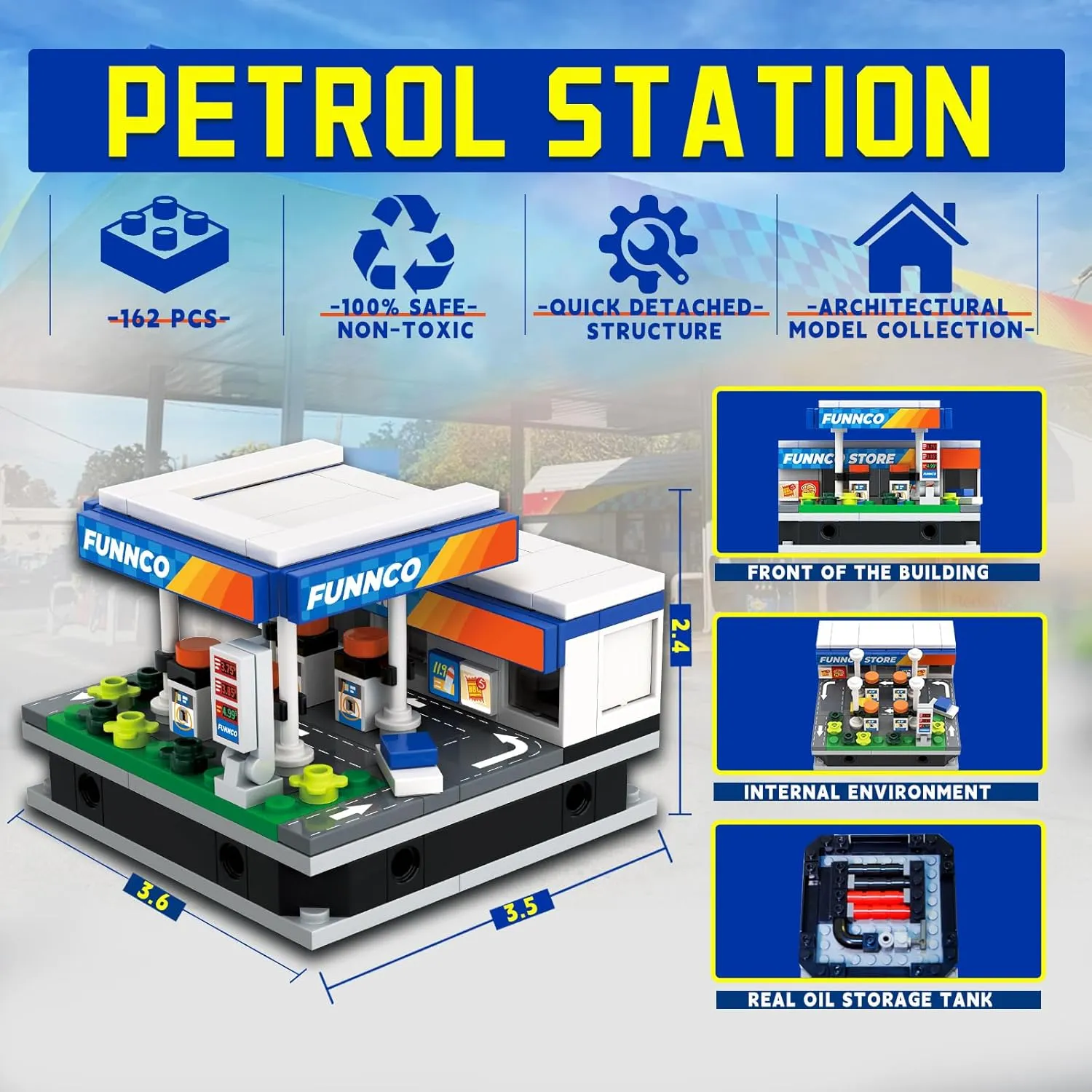 Petrol Station Building Blocks Set with Quick-Detached Structure, Mini City Landmark Display Model for Home Decor, Gas Station Building Construction Toy for Adults and Kids - 162 PCS