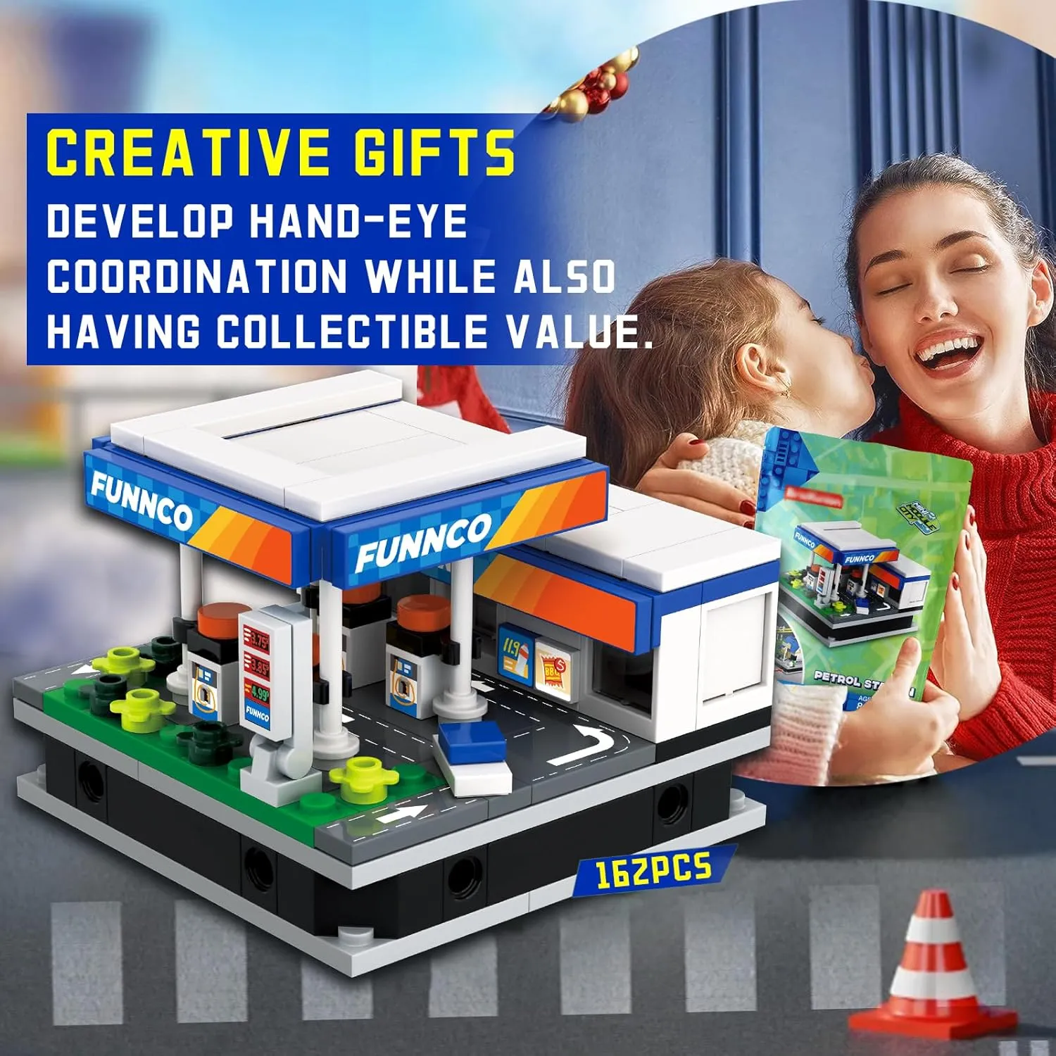 Petrol Station Building Blocks Set with Quick-Detached Structure, Mini City Landmark Display Model for Home Decor, Gas Station Building Construction Toy for Adults and Kids - 162 PCS