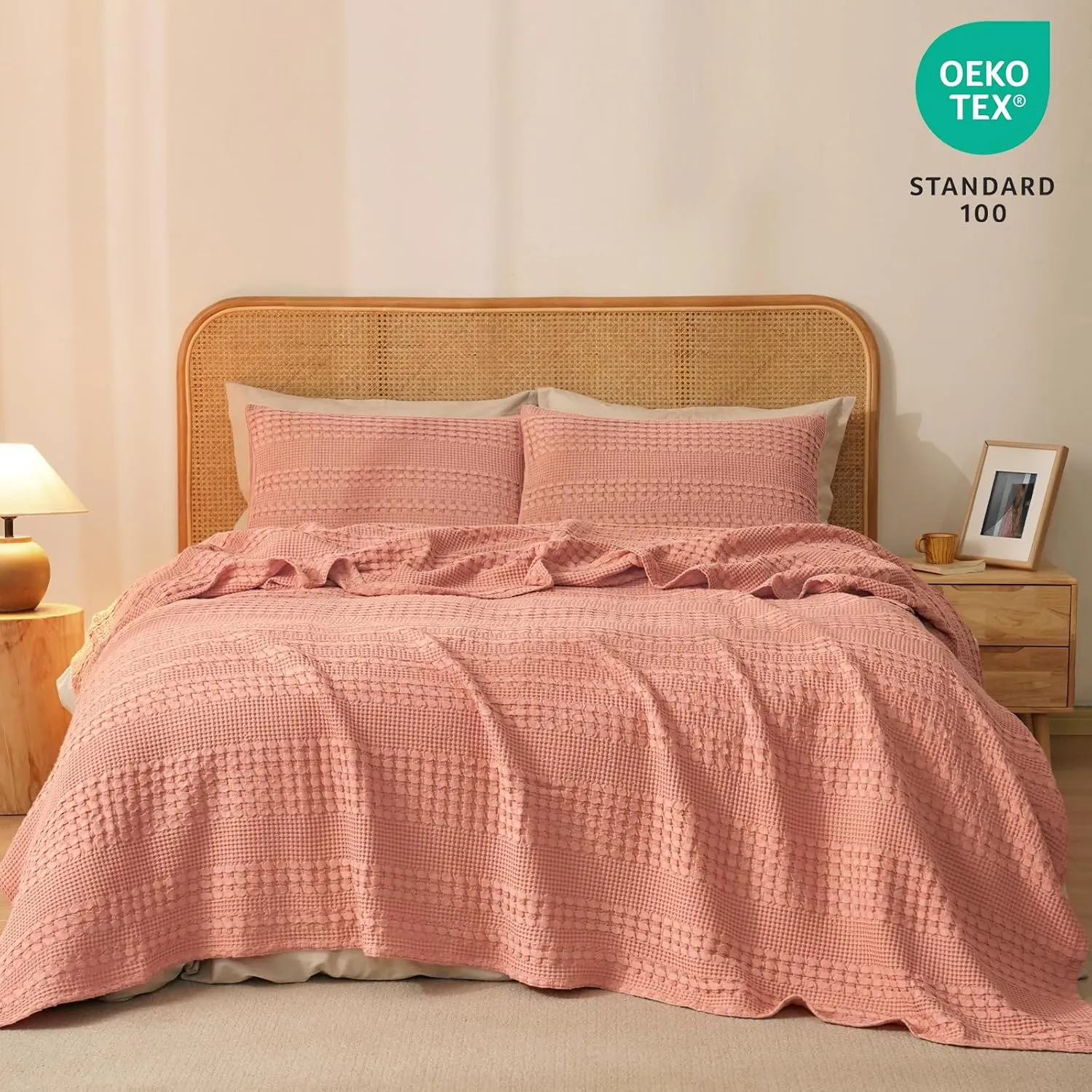 PHF 100% Cotton Waffle Weave Blanket Queen Size, Soft Lightweight Breathable Cozy Summer Blankets for Bed, Luxury Aesthetic Woven Bedding for Home Decor, 90"x90", Canyon Clay