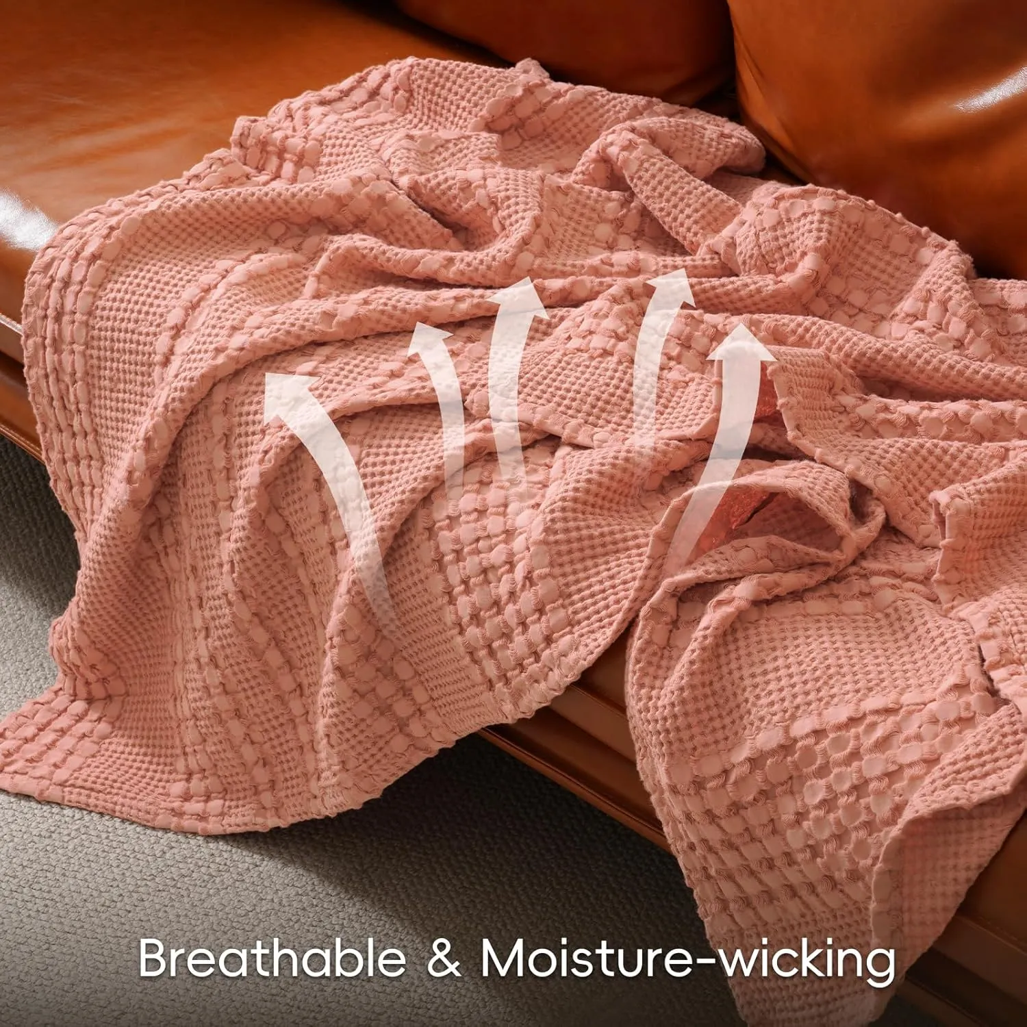 PHF 100% Cotton Waffle Weave Blanket Queen Size, Soft Lightweight Breathable Cozy Summer Blankets for Bed, Luxury Aesthetic Woven Bedding for Home Decor, 90"x90", Canyon Clay