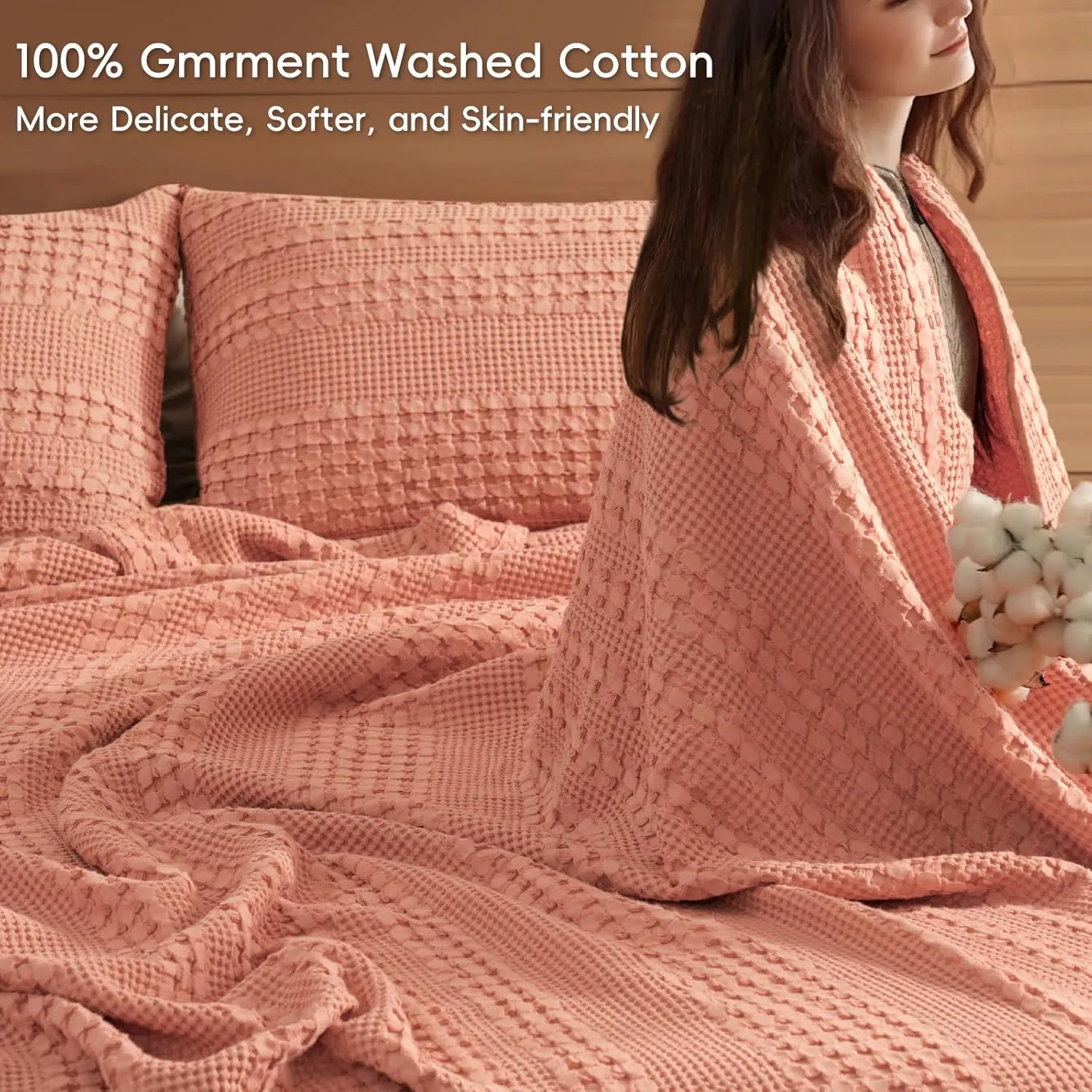 PHF 100% Cotton Waffle Weave Blanket Queen Size, Soft Lightweight Breathable Cozy Summer Blankets for Bed, Luxury Aesthetic Woven Bedding for Home Decor, 90"x90", Canyon Clay