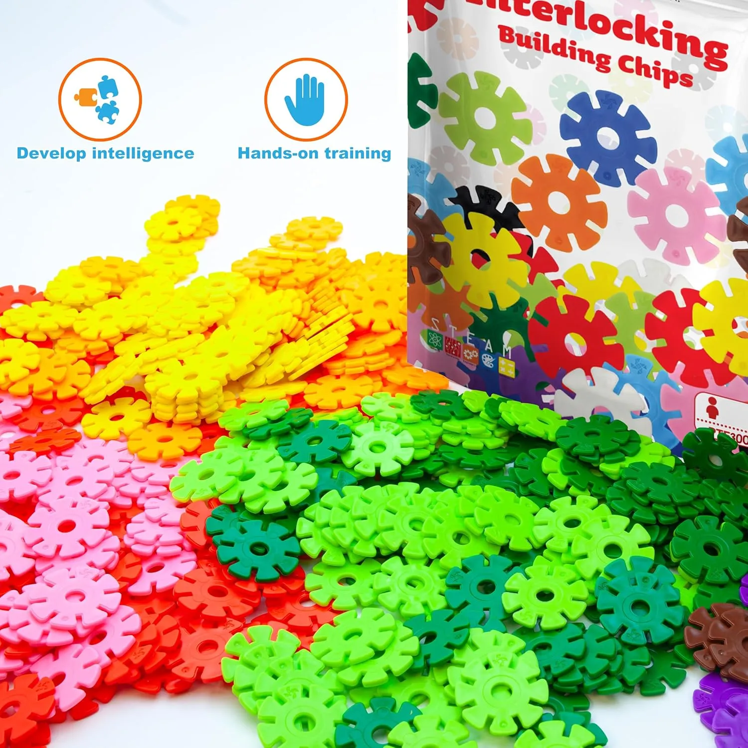 PicassoTiles Construction Building Chips Block 300 Piece Set Interlocking Plastic Disc STEM Learning Toy Creative Education Child Brain Development Play for Toddler Kids Boys Girls Ages 3 & Up PTF300