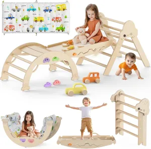 Pikler Triangle Set with Cushion 9 in 1 Foldable Montessori Climbing Toys for Toddlers 1-3 Indoor Wooden Kids Playground Baby Climbing Toys with Maze Toys, Shape Sorter Toys, Car Toys