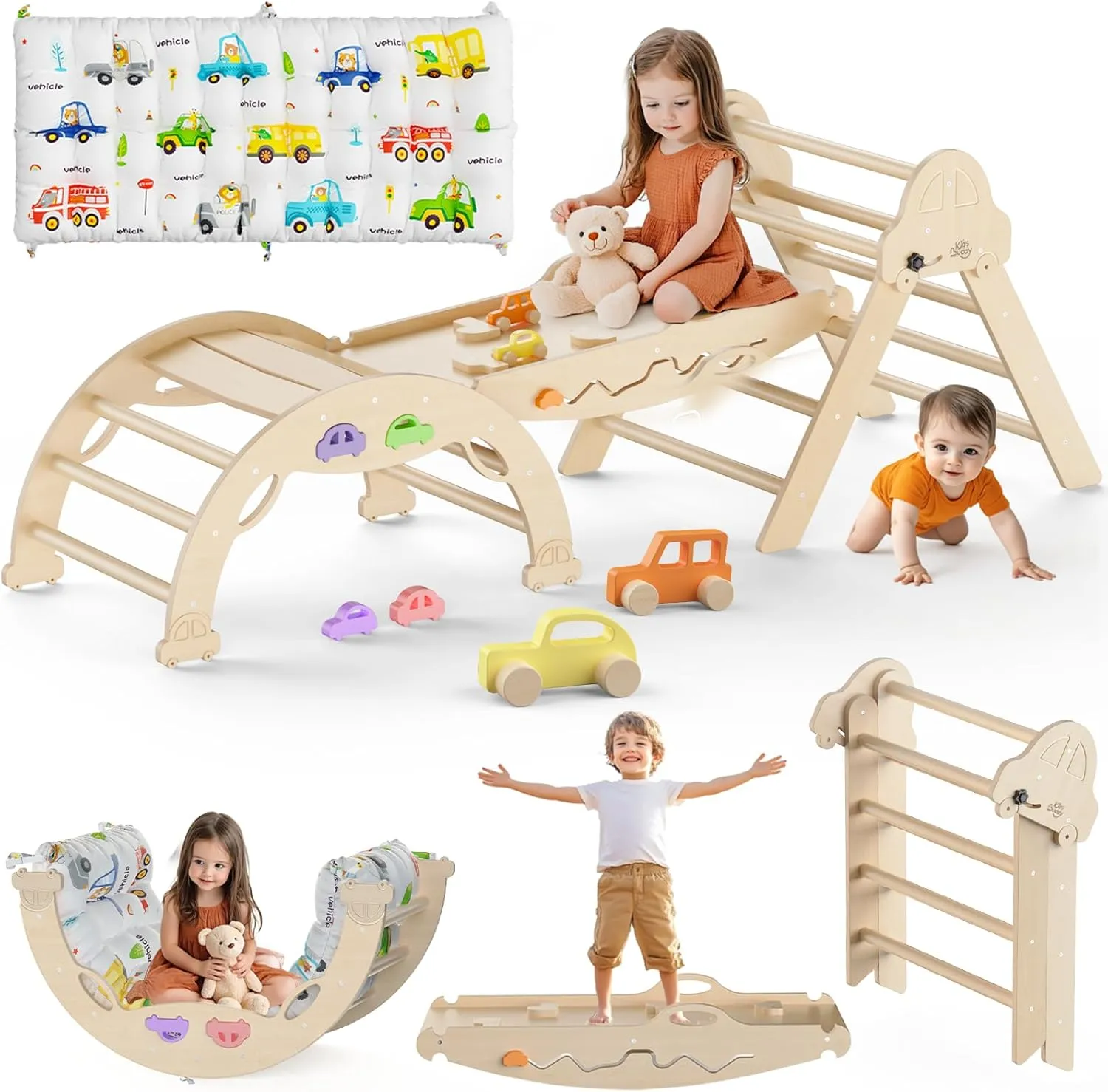 Pikler Triangle Set with Cushion 9 in 1 Foldable Montessori Climbing Toys for Toddlers 1-3 Indoor Wooden Kids Playground Baby Climbing Toys with Maze Toys, Shape Sorter Toys, Car Toys