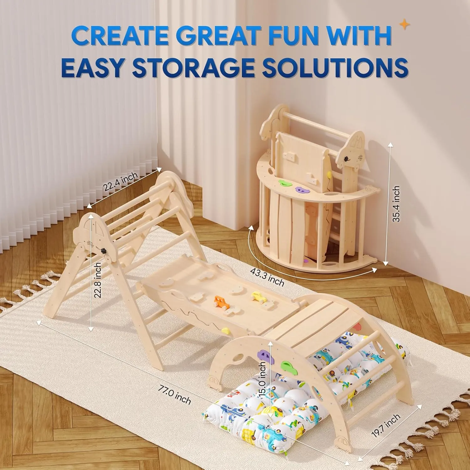 Pikler Triangle Set with Cushion 9 in 1 Foldable Montessori Climbing Toys for Toddlers 1-3 Indoor Wooden Kids Playground Baby Climbing Toys with Maze Toys, Shape Sorter Toys, Car Toys