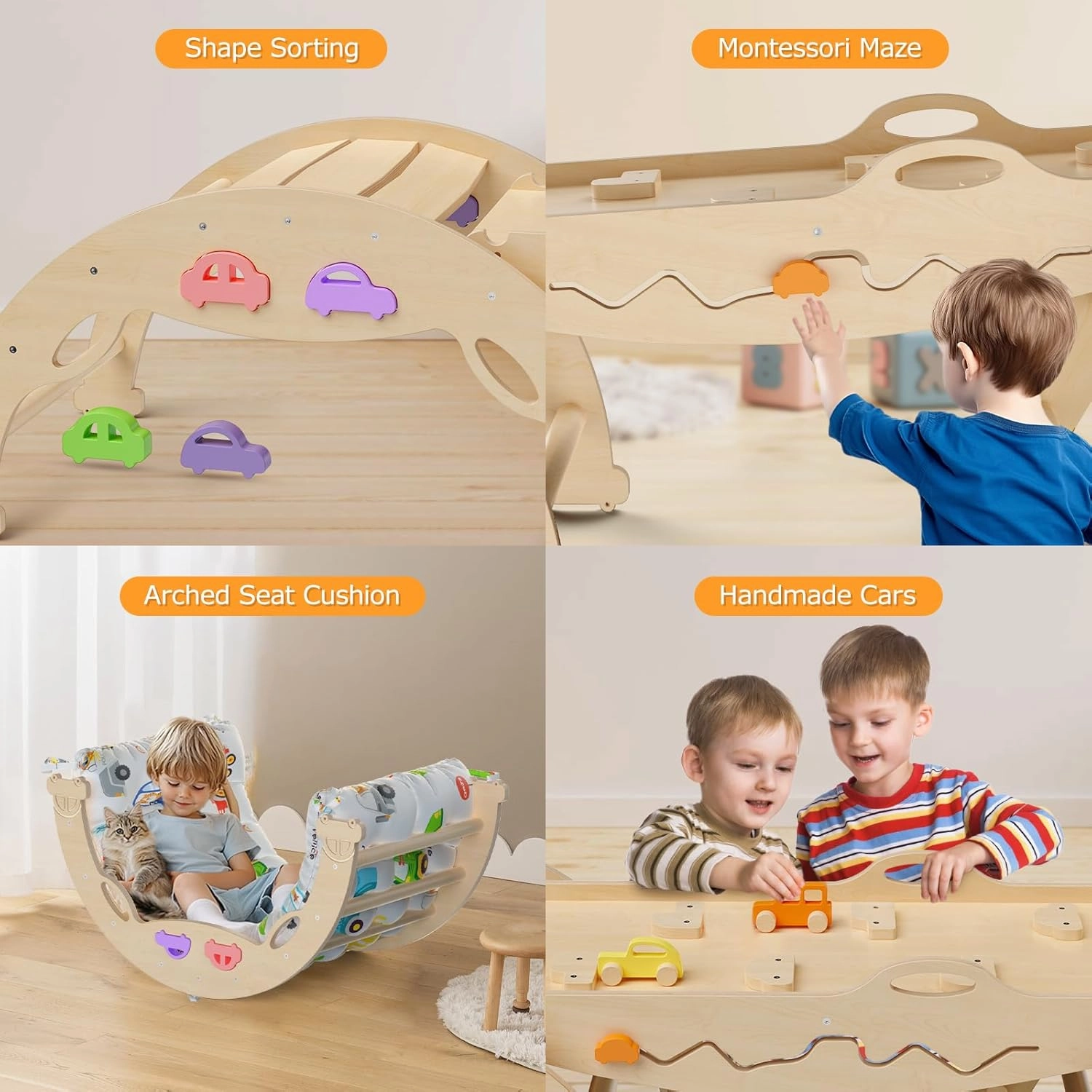 Pikler Triangle Set with Cushion 9 in 1 Foldable Montessori Climbing Toys for Toddlers 1-3 Indoor Wooden Kids Playground Baby Climbing Toys with Maze Toys, Shape Sorter Toys, Car Toys
