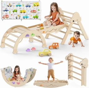 Pikler Triangle Set with Cushion 9 in 1 Foldable Montessori Climbing Toys for Toddlers 1-3 Indoor Wooden Kids Playground Baby Climbing Toys with Maze Toys, Shape Sorter Toys, Car Toys