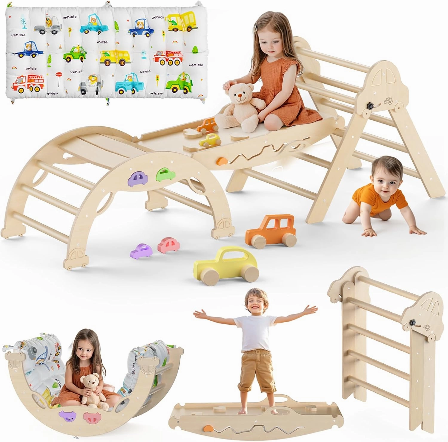 Pikler Triangle Set with Cushion 9 in 1 Foldable Montessori Climbing Toys for Toddlers 1-3 Indoor Wooden Kids Playground Baby Climbing Toys with Maze Toys, Shape Sorter Toys, Car Toys