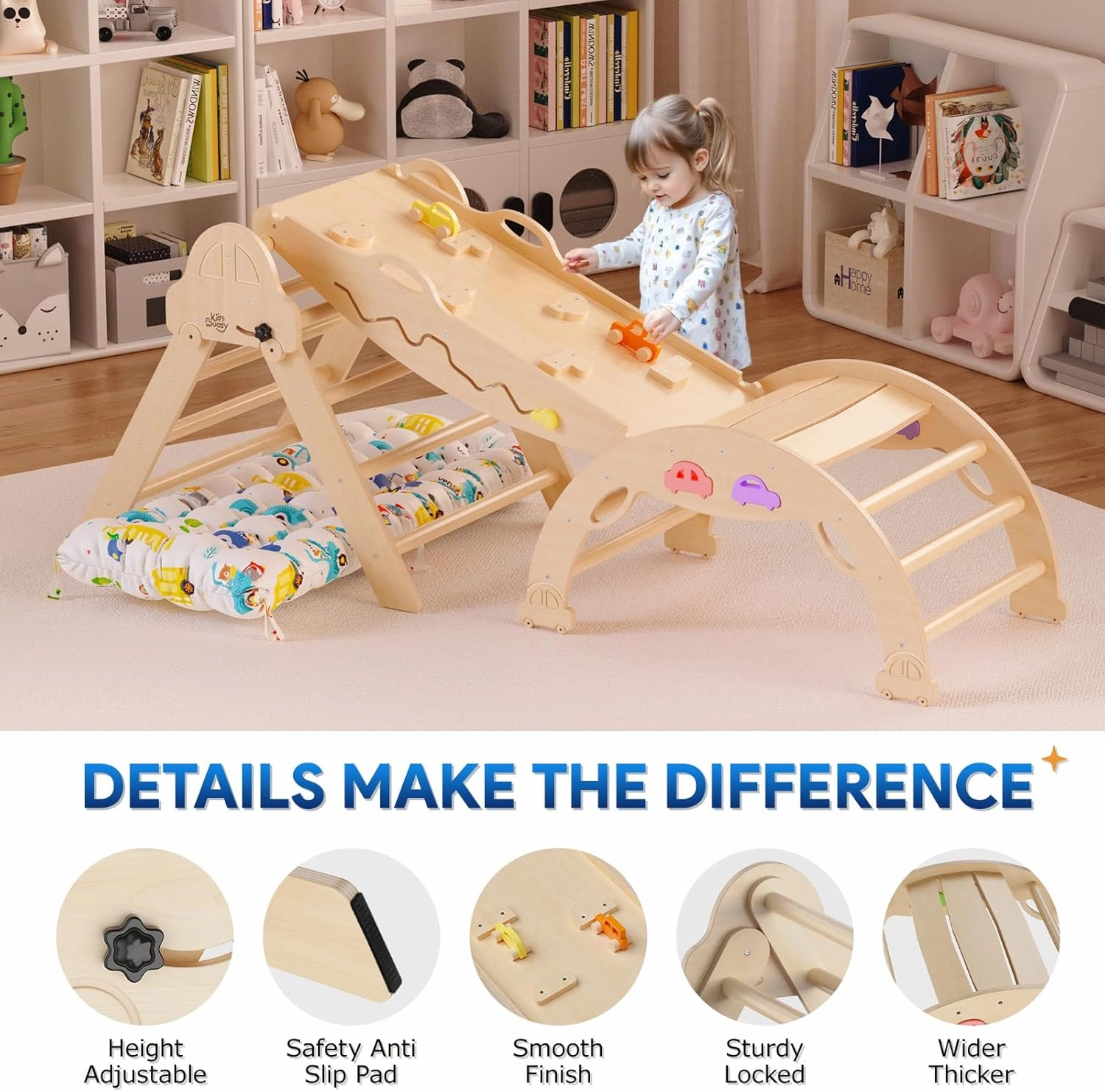 Pikler Triangle Set with Cushion 9 in 1 Foldable Montessori Climbing Toys for Toddlers 1-3 Indoor Wooden Kids Playground Baby Climbing Toys with Maze Toys, Shape Sorter Toys, Car Toys