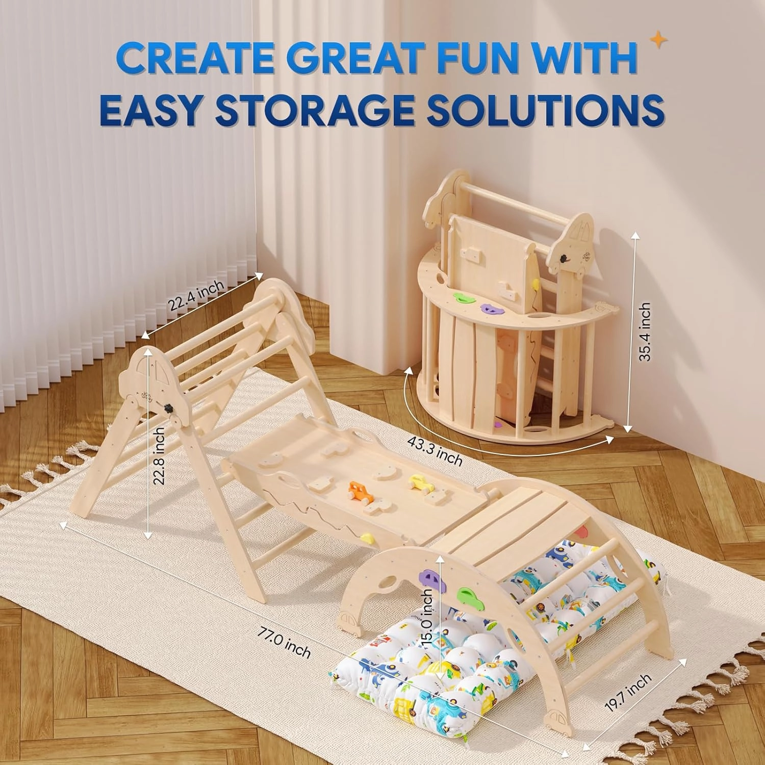 Pikler Triangle Set with Cushion 9 in 1 Foldable Montessori Climbing Toys for Toddlers 1-3 Indoor Wooden Kids Playground Baby Climbing Toys with Maze Toys, Shape Sorter Toys, Car Toys