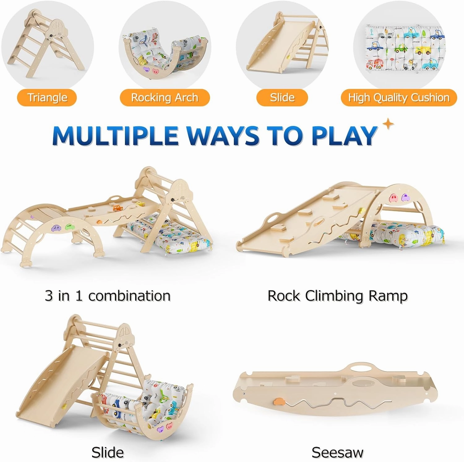Pikler Triangle Set with Cushion 9 in 1 Foldable Montessori Climbing Toys for Toddlers 1-3 Indoor Wooden Kids Playground Baby Climbing Toys with Maze Toys, Shape Sorter Toys, Car Toys