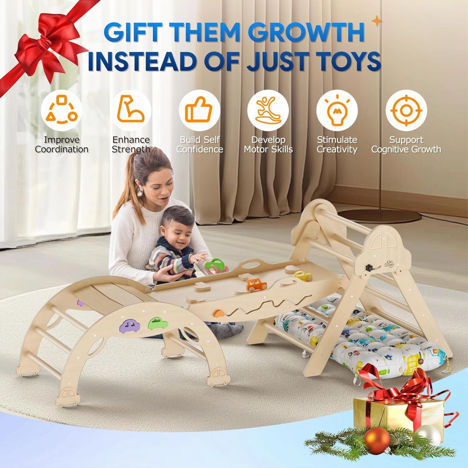 Pikler Triangle Set with Cushion 9 in 1 Foldable Montessori Climbing Toys for Toddlers 1-3 Indoor Wooden Kids Playground Baby Climbing Toys with Maze Toys, Shape Sorter Toys, Car Toys