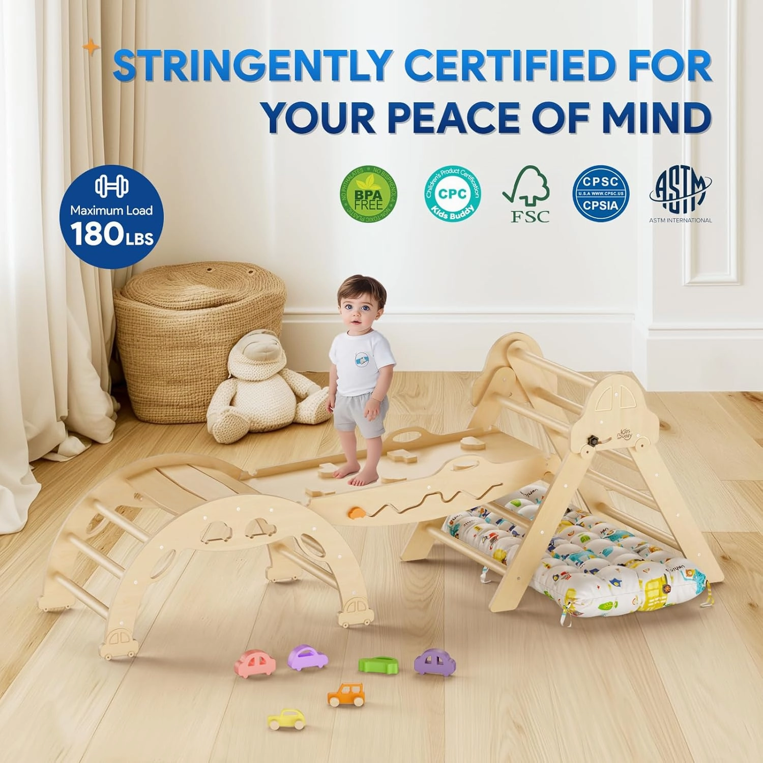 Pikler Triangle Set with Cushion 9 in 1 Foldable Montessori Climbing Toys for Toddlers 1-3 Indoor Wooden Kids Playground Baby Climbing Toys with Maze Toys, Shape Sorter Toys, Car Toys