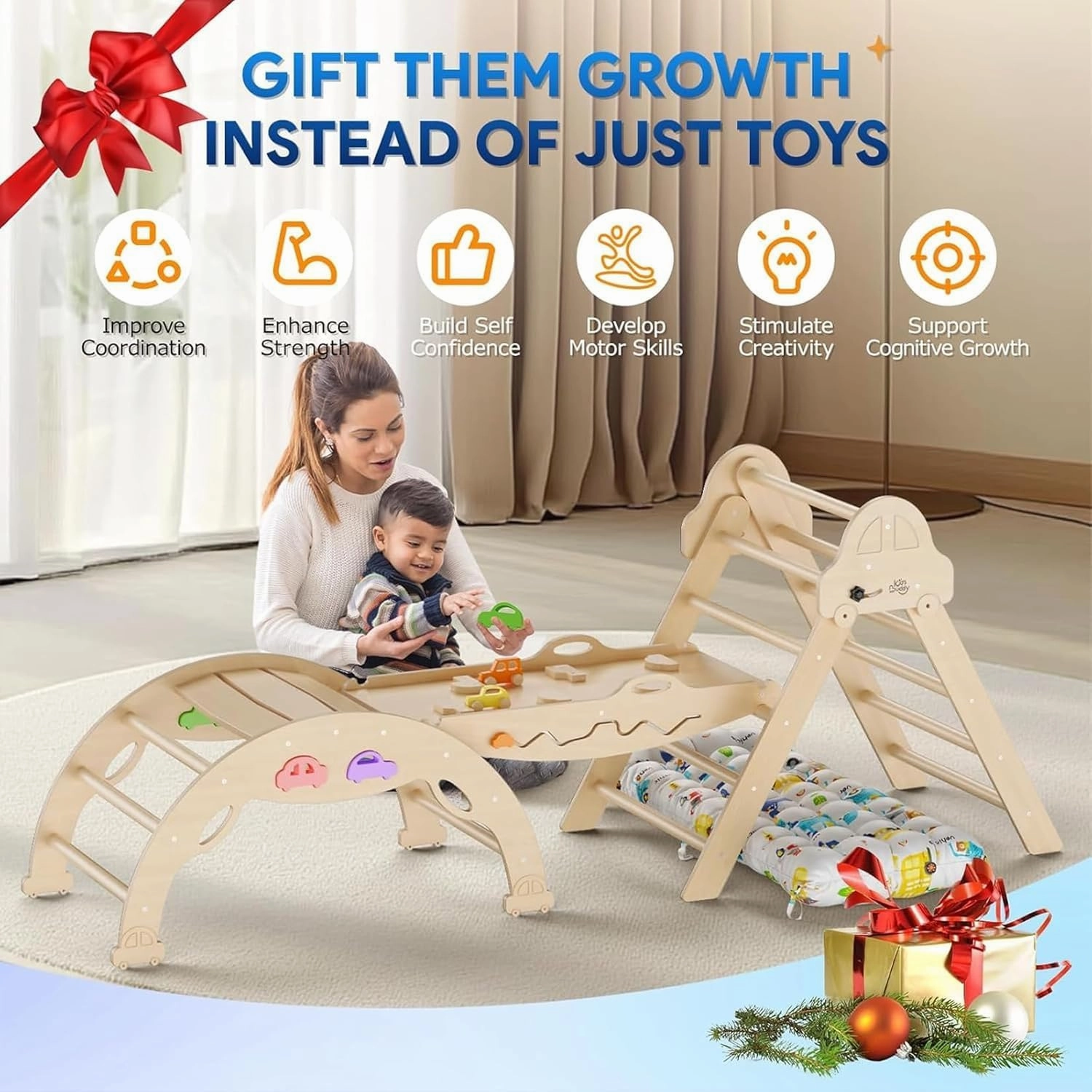 Pikler Triangle Set with Cushion 9 in 1 Foldable Montessori Climbing Toys for Toddlers 1-7 Indoor Wooden Kids Playground Baby Climbing Toys with Maze Toys, Shape Sorter Toys, Car Toys