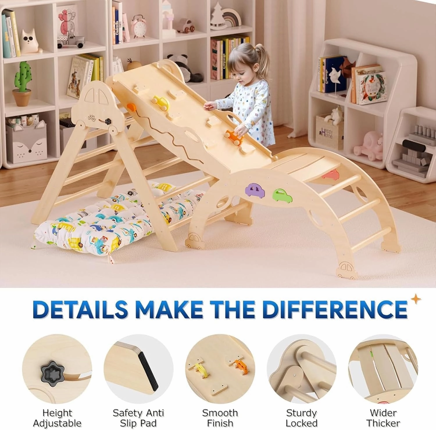 Pikler Triangle Set with Cushion 9 in 1 Foldable Montessori Climbing Toys for Toddlers 1-7 Indoor Wooden Kids Playground Baby Climbing Toys with Maze Toys, Shape Sorter Toys, Car Toys