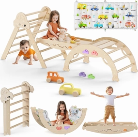Pikler Triangle Set with Cushion 9 in 1 Foldable Montessori Climbing Toys for Toddlers 1-7 Indoor Wooden Kids Playground Baby Climbing Toys with Maze Toys, Shape Sorter Toys, Car Toys