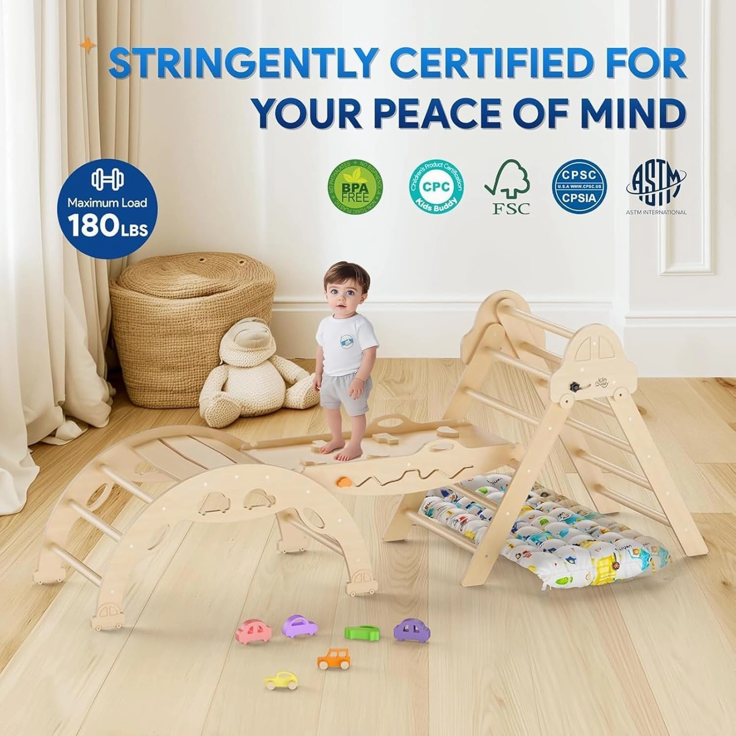 Pikler Triangle Set with Cushion 9 in 1 Foldable Montessori Climbing Toys for Toddlers 1-7 Indoor Wooden Kids Playground Baby Climbing Toys with Maze Toys, Shape Sorter Toys, Car Toys