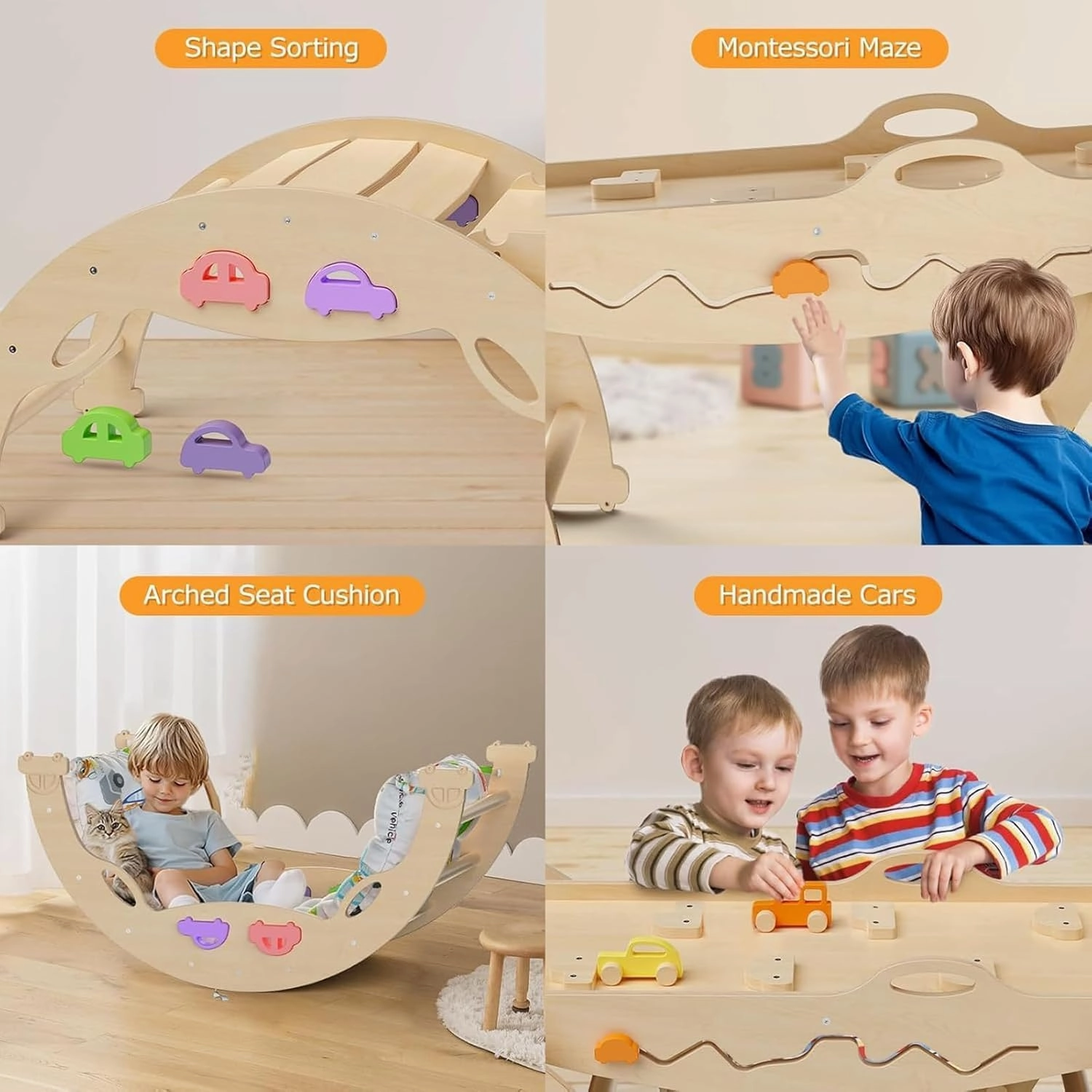 Pikler Triangle Set with Cushion 9 in 1 Foldable Montessori Climbing Toys for Toddlers 1-7 Indoor Wooden Kids Playground Baby Climbing Toys with Maze Toys, Shape Sorter Toys, Car Toys