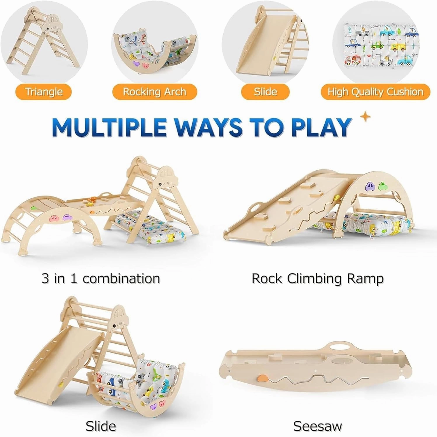 Pikler Triangle Set with Cushion 9 in 1 Foldable Montessori Climbing Toys for Toddlers 1-7 Indoor Wooden Kids Playground Baby Climbing Toys with Maze Toys, Shape Sorter Toys, Car Toys