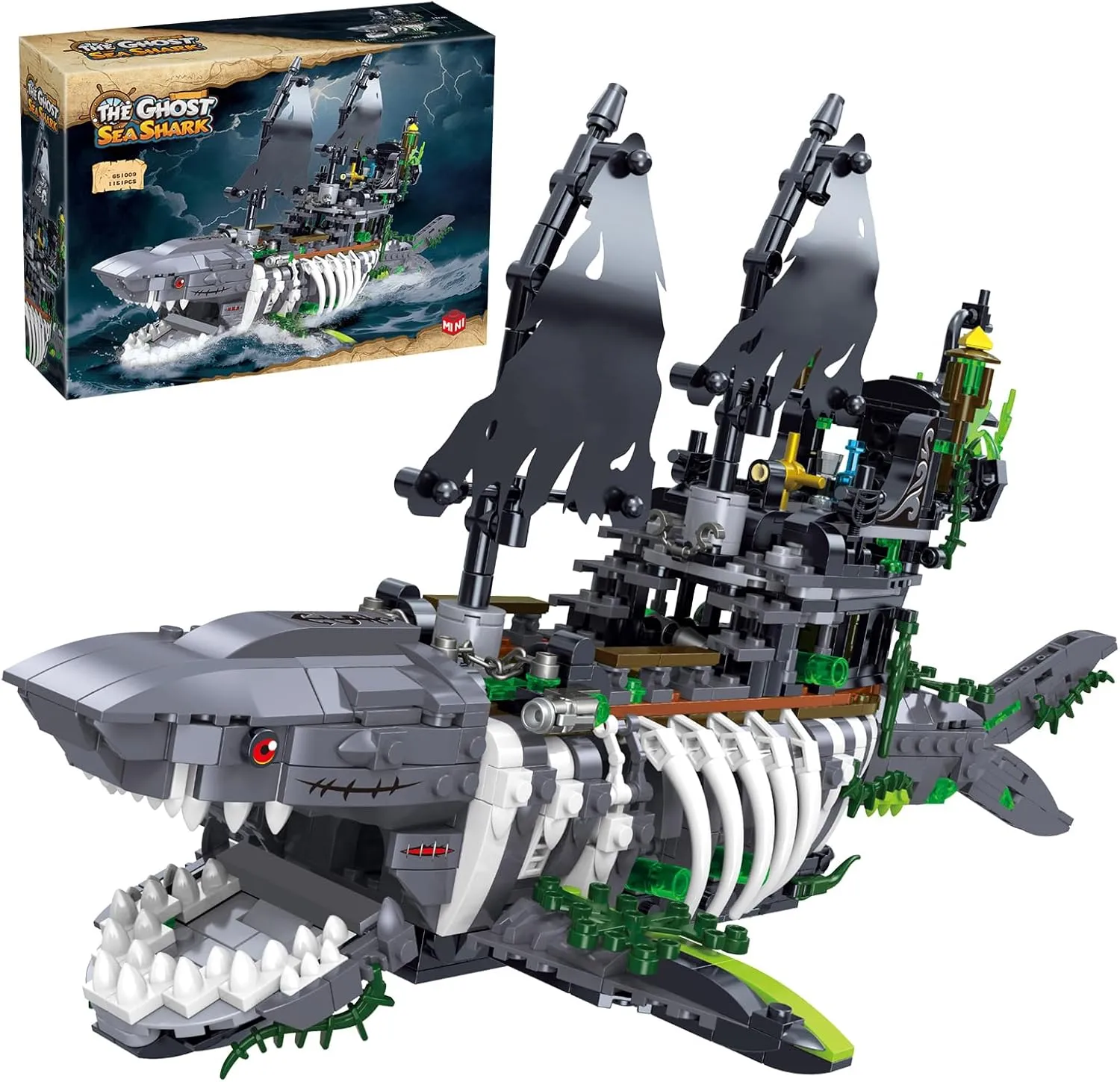 Pirate Ship Shark Building Blocks 1151 pcs, Ghost Seashark Boat Model with Light, Fishing Boat Shark-Shape Cruise Ship Construction Kit Toys Birthday Gifts Decor for Adults Boys 8 , 1151 PCS