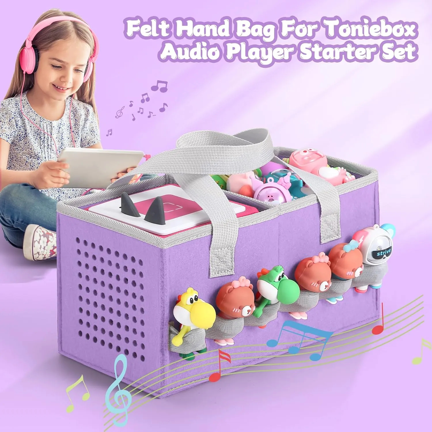 Portable Carrying Case Compatible with Toniebox Starter Set and Tonies Figurines,Travel Felt Cloth Musical Toy Folding Bag for Toniebox Accessories (Light Purple)