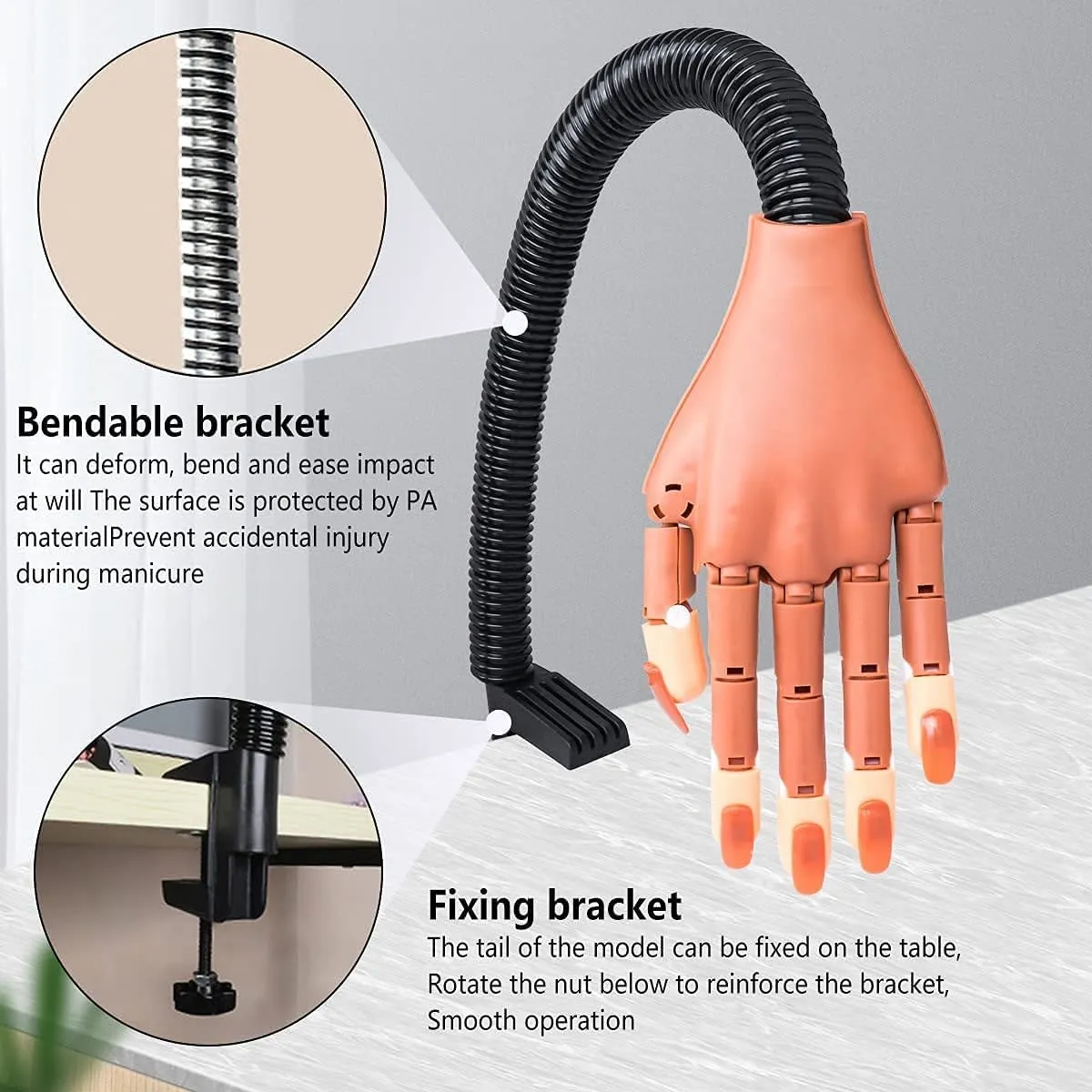 Practice Hand for Acrylic Nails, Professional Nail Practice Hand Nail Training Hand, Flexible Moveable False Fake Mannequin Hand for Nails Art Practice Display with 100Pcs Brown Fake Nail Tips