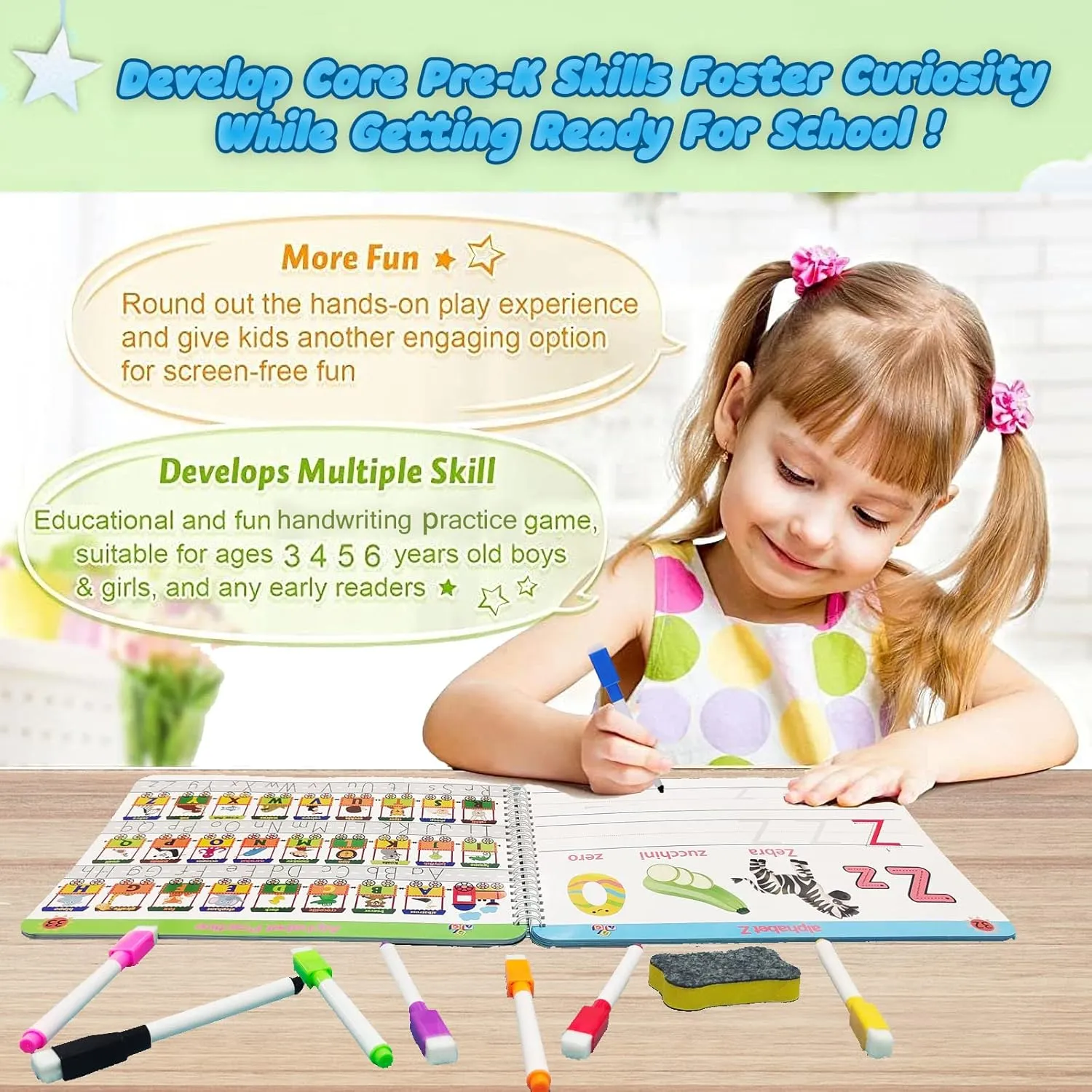 Preschool Learning Activities Educational Workbook - Toddler Prek Montessori Handwriting Practice Activity Tracing Toys Busy Book for Kids, Autism Learning Materials and ABC Learning Book