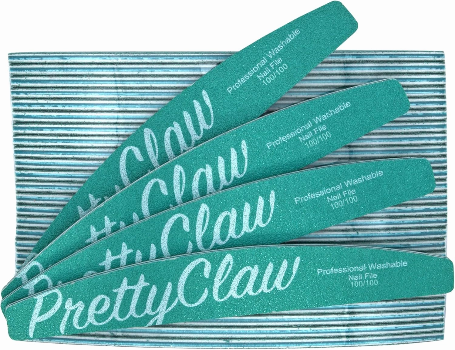 PrettyClaw | 25pc Professional Nail File 100/100 Grit Green Half Moon Acrylic Nail Files Plastic Center Double Sided Emery Board for Nails Washable 7 inch Nail File