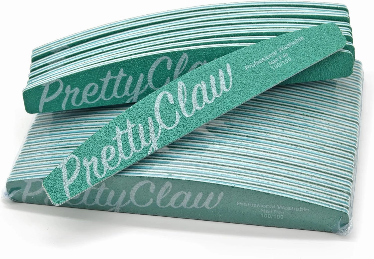 PrettyClaw | 25pc Professional Nail File 100/100 Grit Green Half Moon Acrylic Nail Files Plastic Center Double Sided Emery Board for Nails Washable 7 inch Nail File