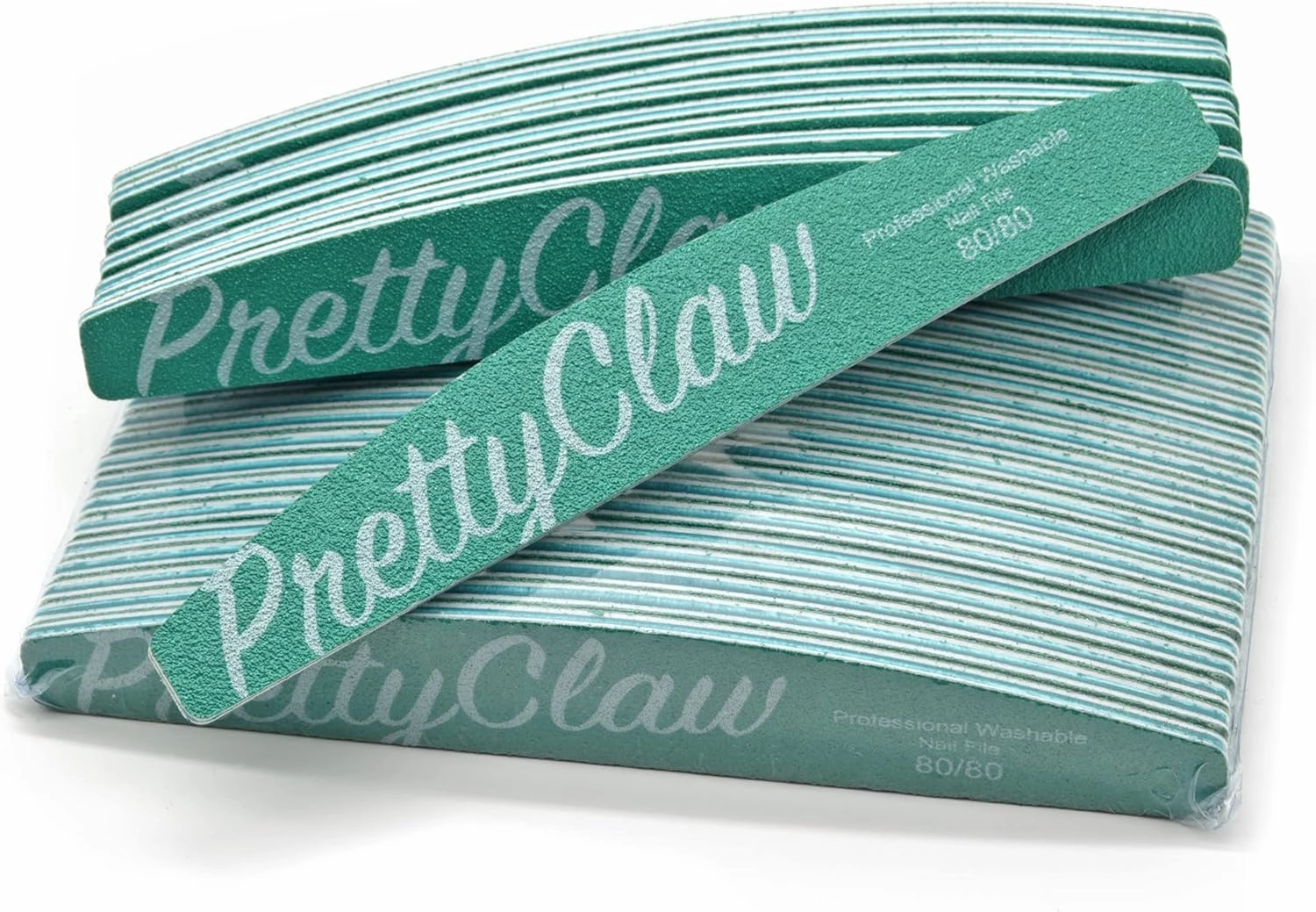 PrettyClaw | 25pc Professional Nail File 80/80 Grit Premium Green Half Moon Acrylic Nail Files Plastic Center Double Sided Zebra Emery Board for Nails Washable 7 inch Nail File