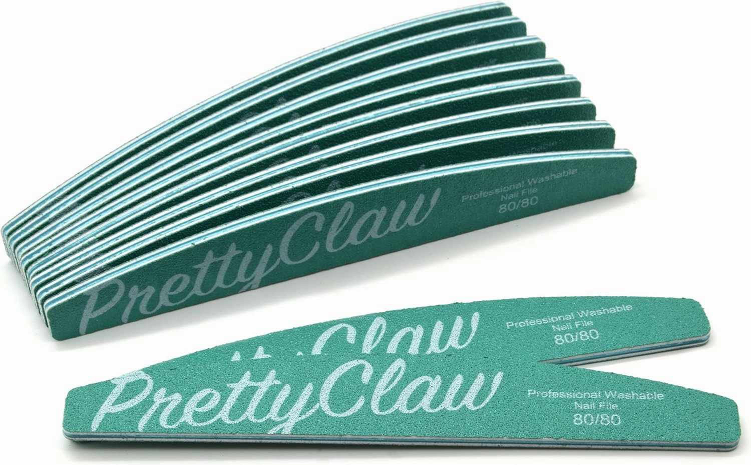 PrettyClaw | 25pc Professional Nail File 80/80 Grit Premium Green Half Moon Acrylic Nail Files Plastic Center Double Sided Zebra Emery Board for Nails Washable 7 inch Nail File