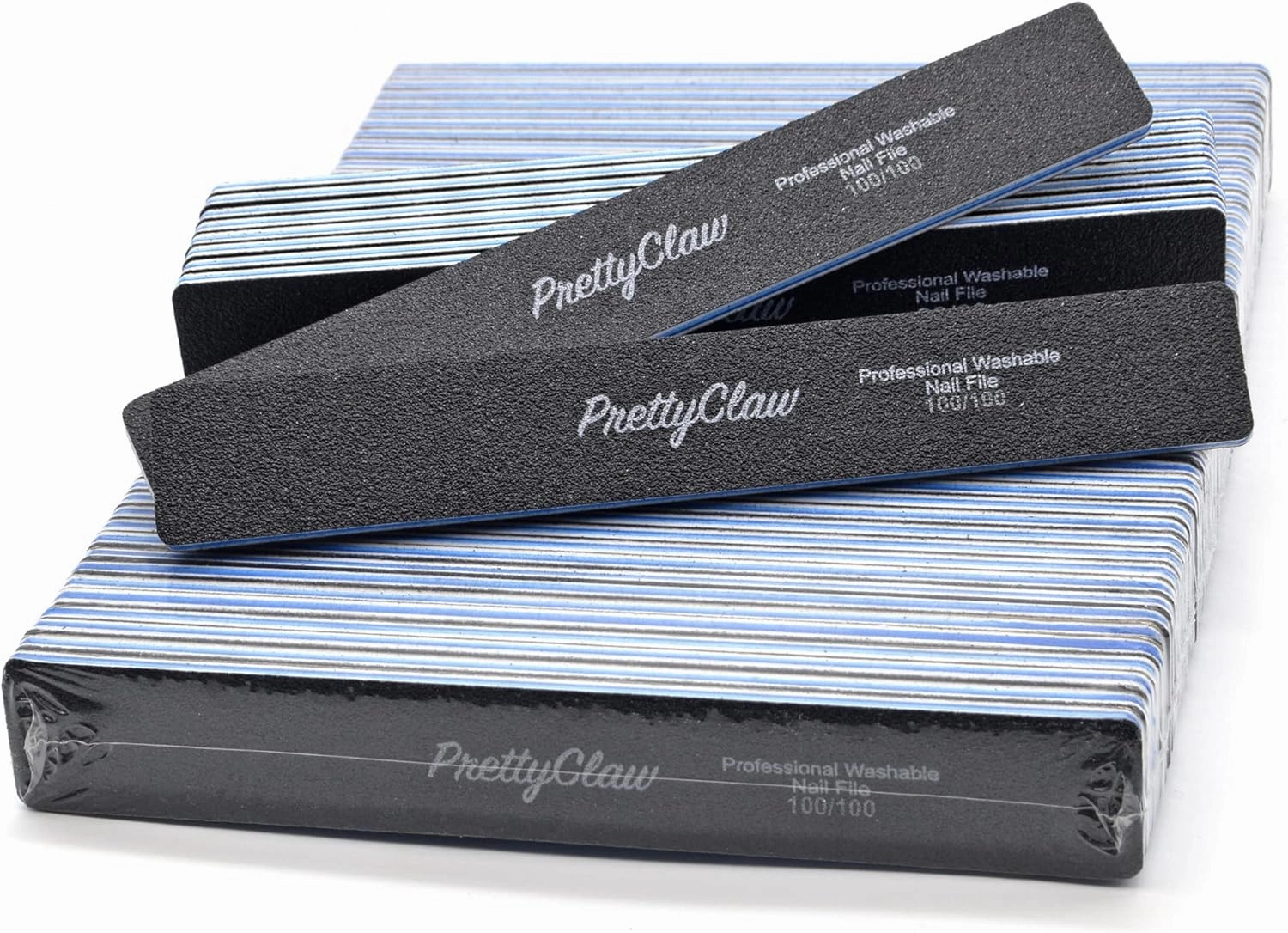 PrettyClaw | 50pc Professional Nail File 100/100 Grit Black Rectangle Acrylic Nail Files Plastic Center Double Sided Emery Board for Nails Washable 7 inch Nail File