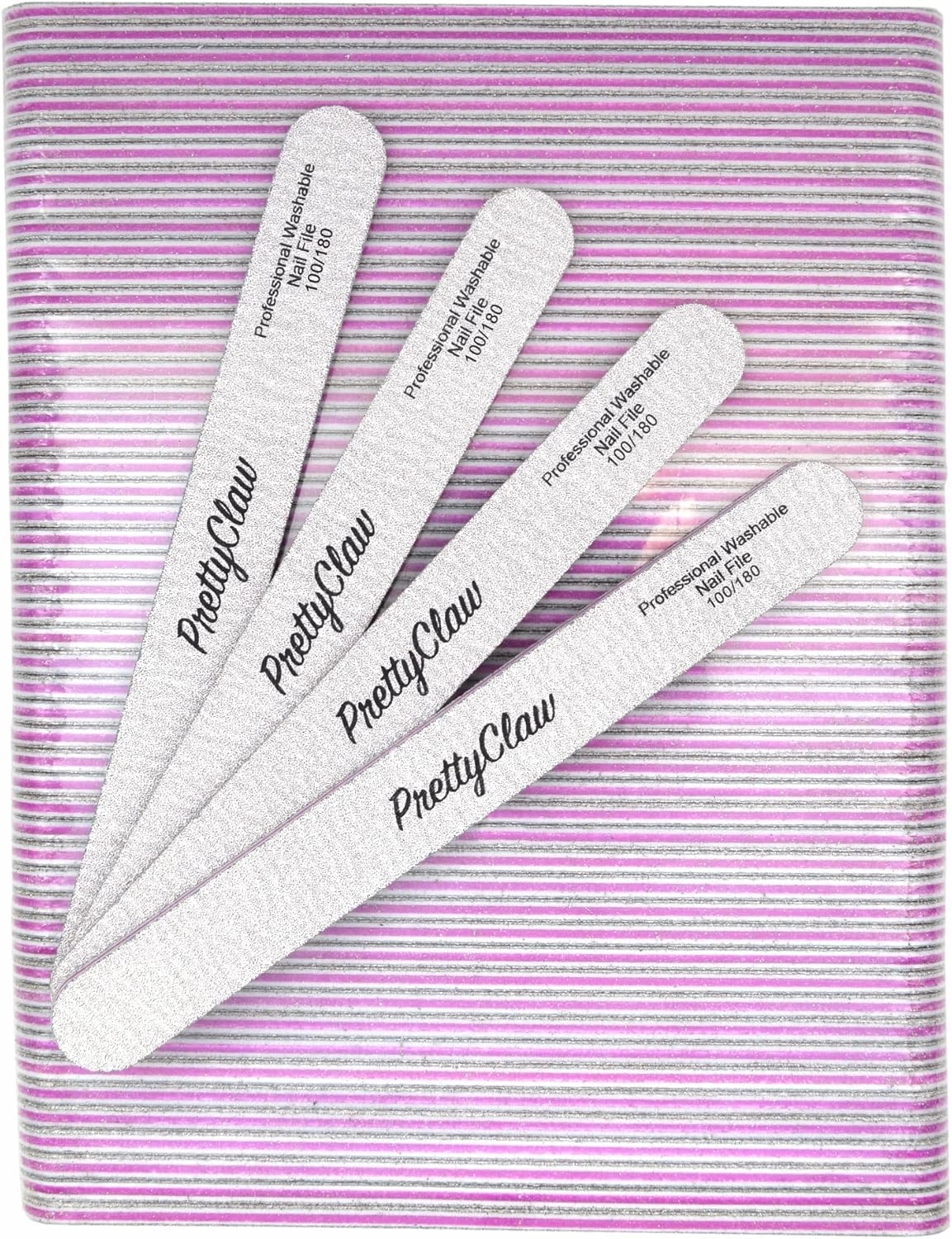 PrettyClaw | 50pc Professional Nail File 100/180 Grit Zebra Acrylic Nail Files Plastic Center Double Sided Zebra Emery Board for Nails Washable 7 inch Nail File