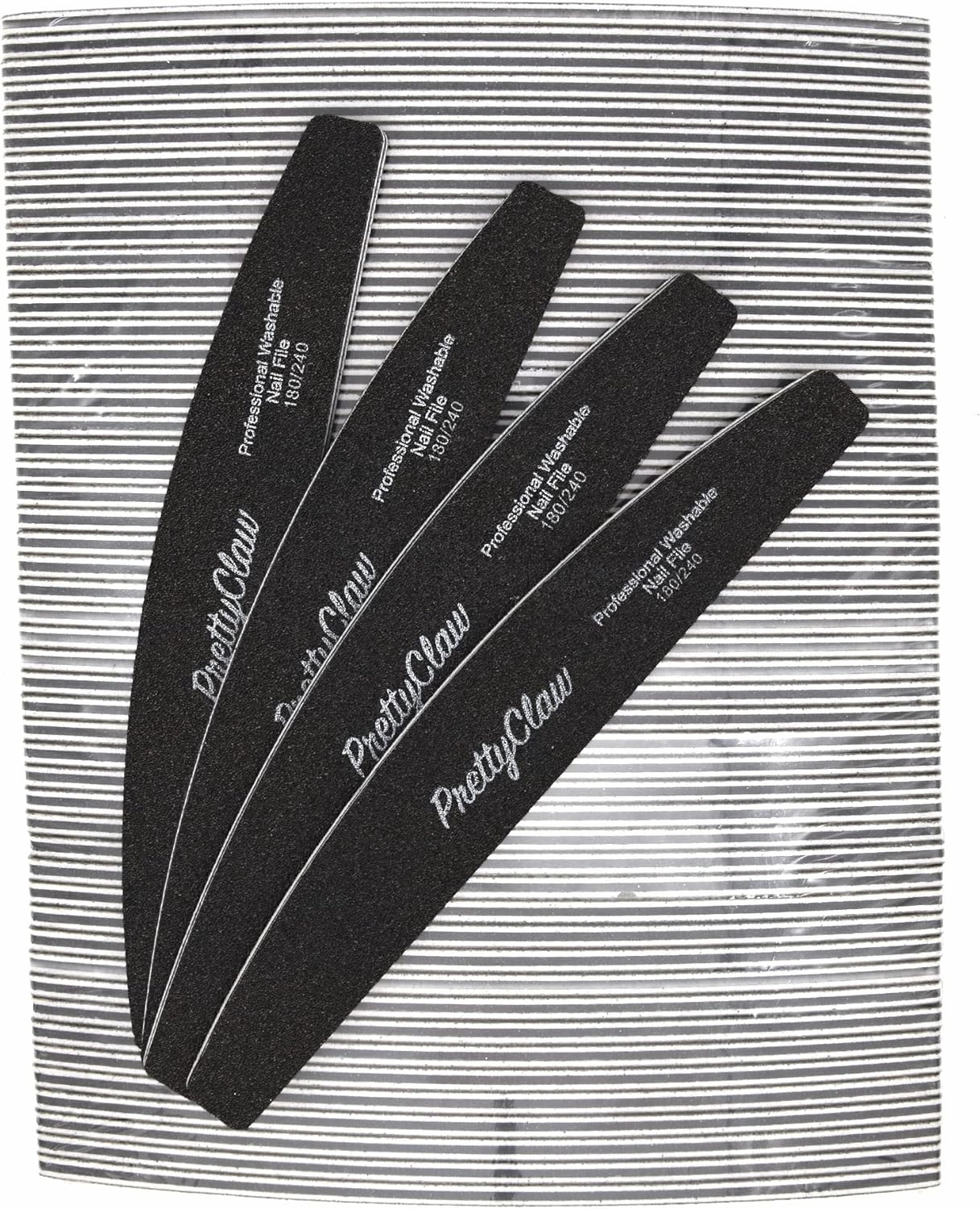 PrettyClaw | 50pc Professional Nail File 180/240 Grit Black Half Moon Acrylic Nail Files Plastic Center Double Sided Emery Board for Nails Washable 7 inch Nail File