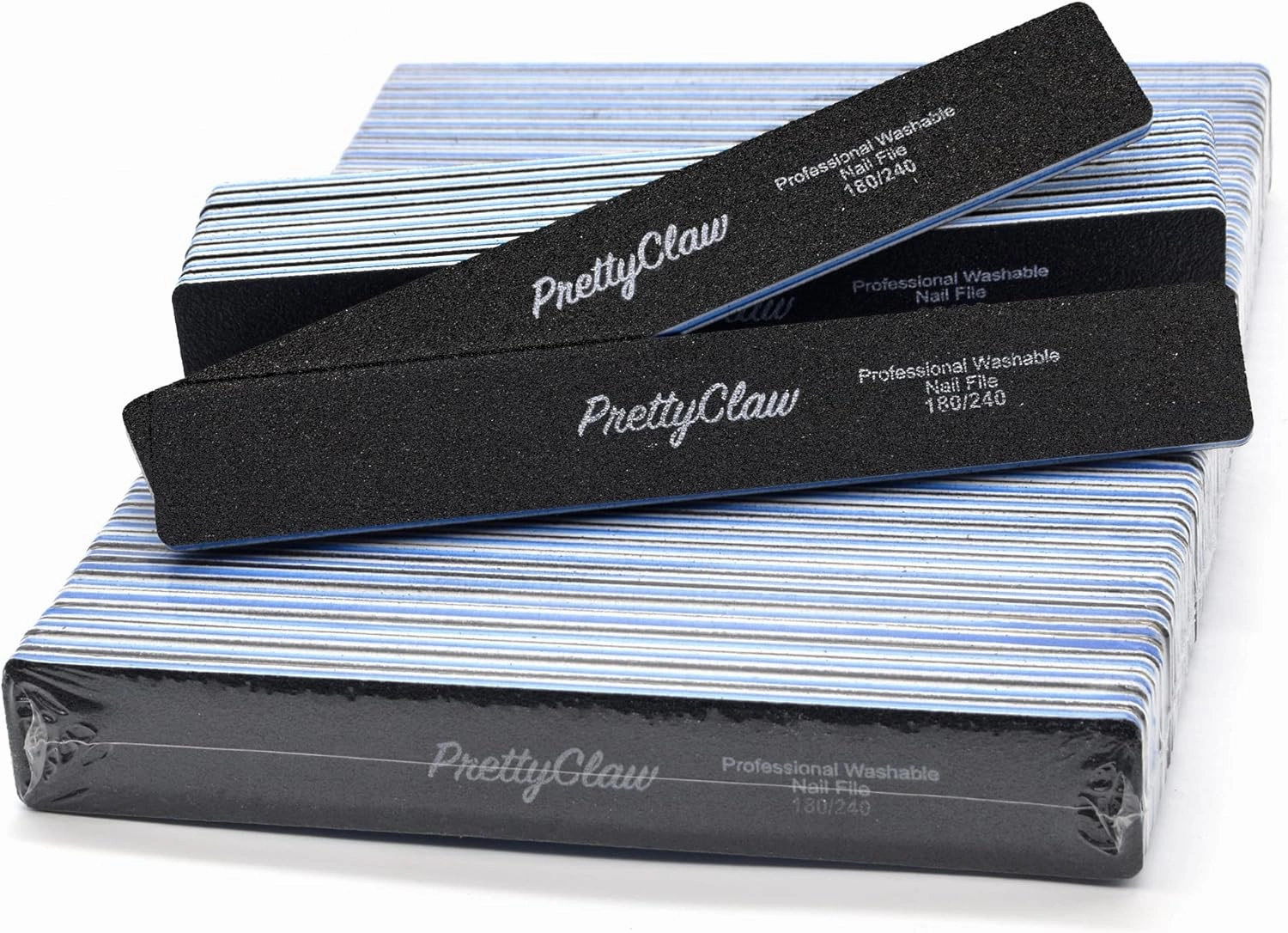 PrettyClaw | 50pc Professional Nail File 180/240 Grit Black Rectangle Acrylic Nail Files Plastic Center Double Sided Emery Board for Nails Washable 7 inch Nail File