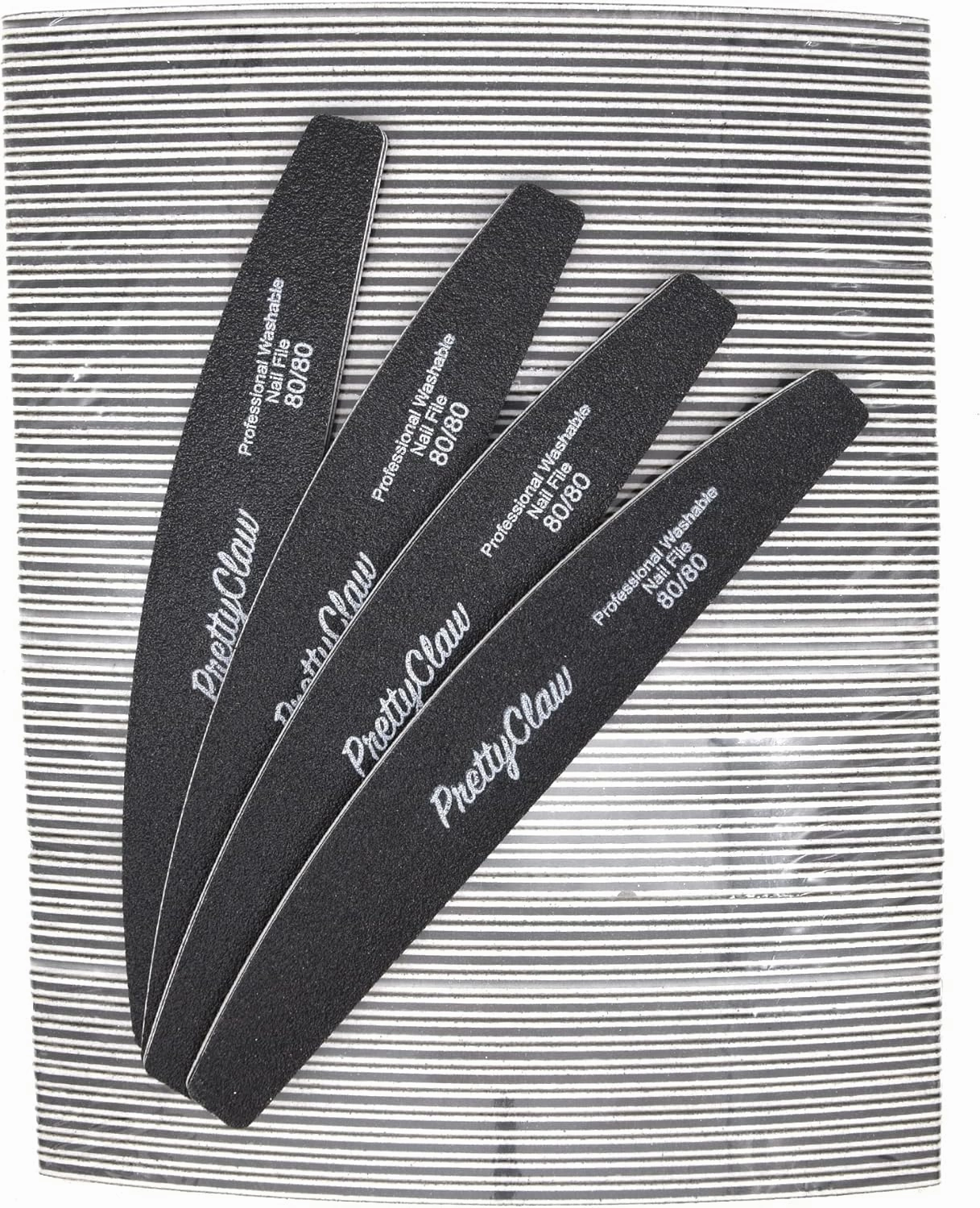 PrettyClaw | 50pc Professional Nail File 80/80 Grit Black Half Moon Acrylic Nail Files Plastic Center Double Sided Emery Board for Nails Washable 7 inch Nail File