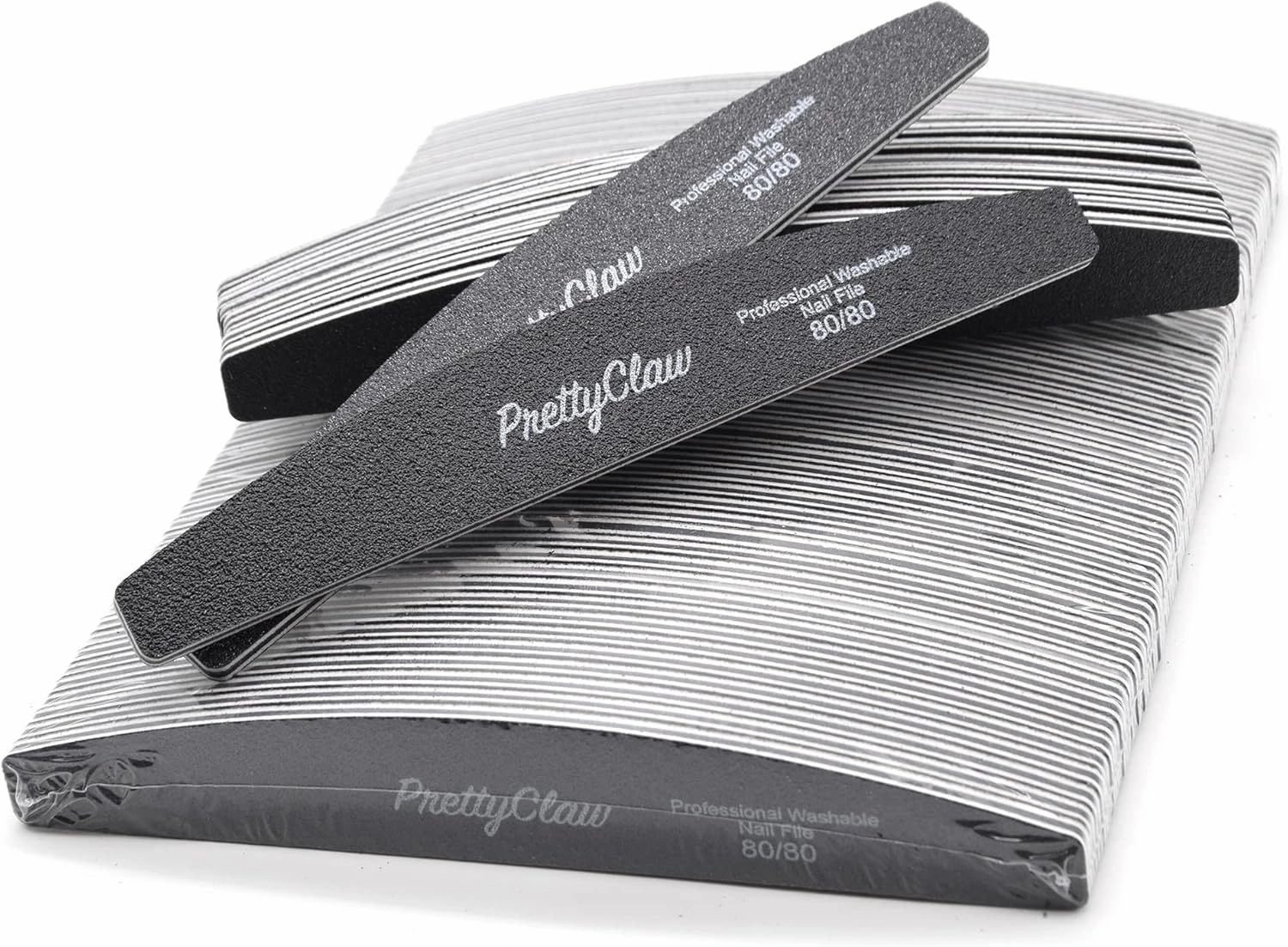 PrettyClaw | 50pc Professional Nail File 80/80 Grit Black Half Moon Acrylic Nail Files Plastic Center Double Sided Emery Board for Nails Washable 7 inch Nail File