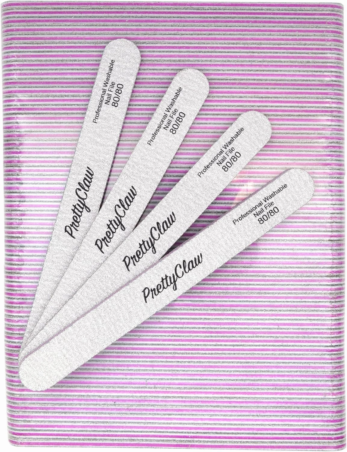 PrettyClaw | 50pc Professional Nail File 80/80 Grit Zebra Acrylic Nail Files Plastic Center Double Sided Zebra Emery Board for Nails Washable 7 inch Nail File