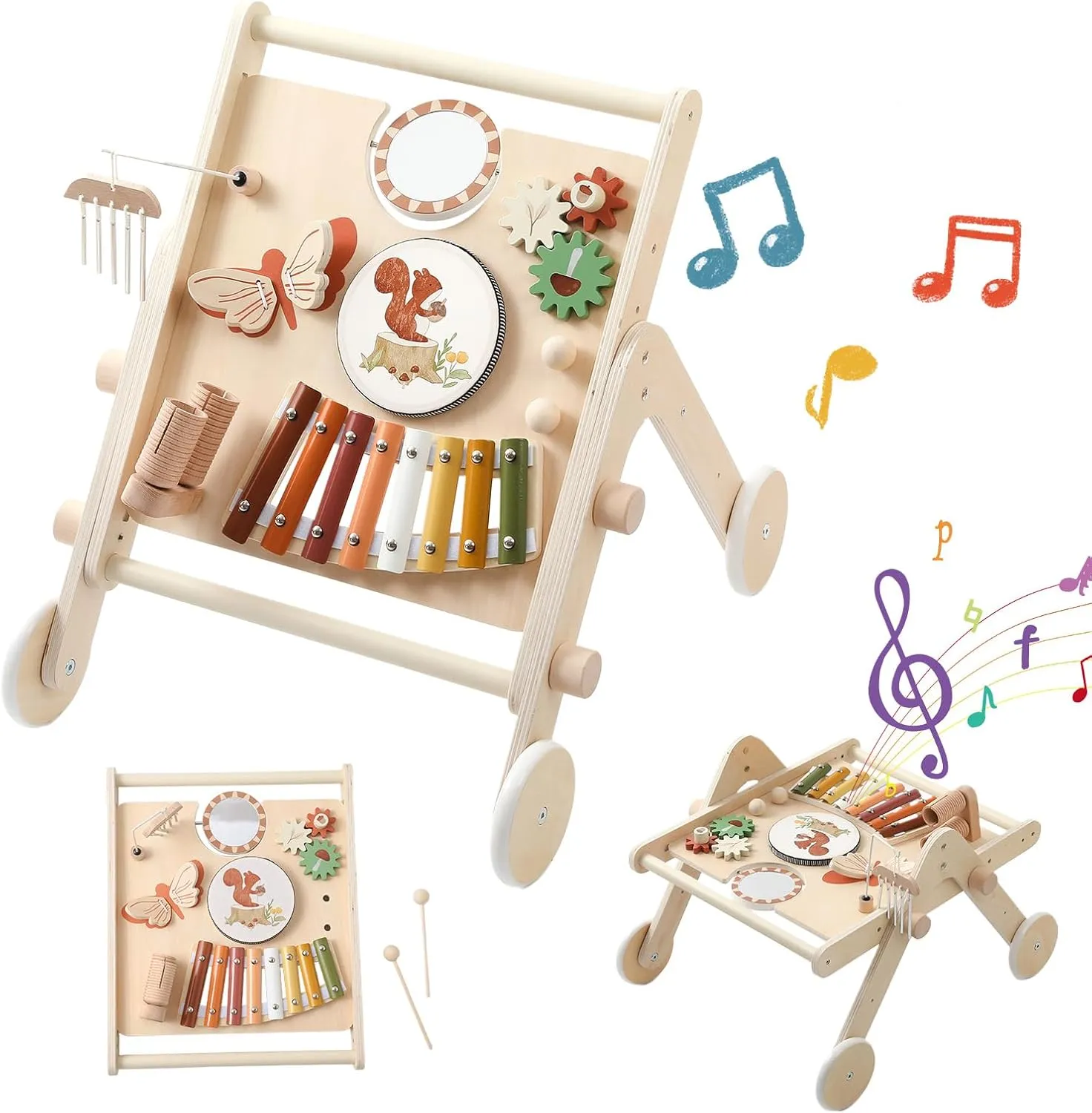 Promise Babe Wooden Push Walker Walking Toys Learning to Walk,Toddler Musical Instruments Set for Kids 1-3, Montessori Drum Preschool Educational Musical Toys Gifts for 1 Years Girls Boys