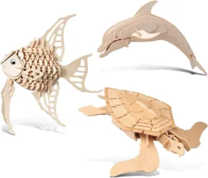 Puzzled Bundle of Angel Fish, Dolphin & Green Turtle Wooden 3D Puzzles Construction Kits, Ocean Life Educational DIY Toys Assemble Model Unfinished Wood Craft Hobby Puzzles to Build & Paint - 3 Pack