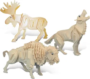 Puzzled Bundle of Wolf, Moose, & Buffalo Wooden 3D Puzzle Construction Kits, Fun Unique & Educational DIY Wild Animals Toys Assemble Model Unfinished Wood Craft Hobby Puzzles to Build & Paint - 3 Pack