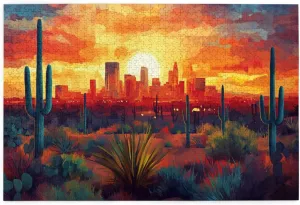 Puzzles For Adults 1000 Pieces Desert Metropolis At Sunset, Towering Cacti Silhouettes Against Glowing City Skyline,Challenging Brain Exercise,Creative Activity Hobbies For Adults