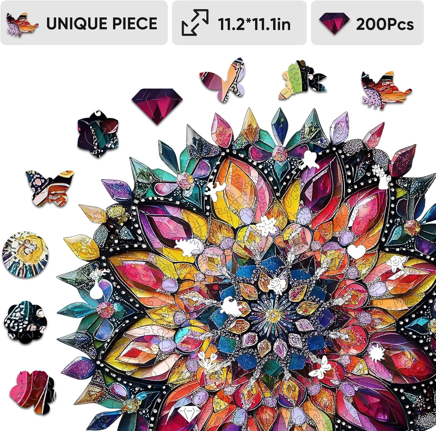 Puzzles for Adults Diamond Mandala Wooden Puzzles, 200 Pieces Unique Shaped Liberty Jigsaw Puzzles, Creative Toys for Adults and Kids, Fun Challenge Family Game 11.2'' x 11.2''